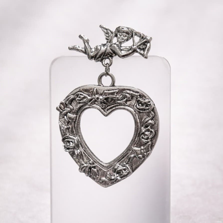 Vintage Danecraft Brooch Large Silver Tone Heart Flowers Cupid Love Cherub