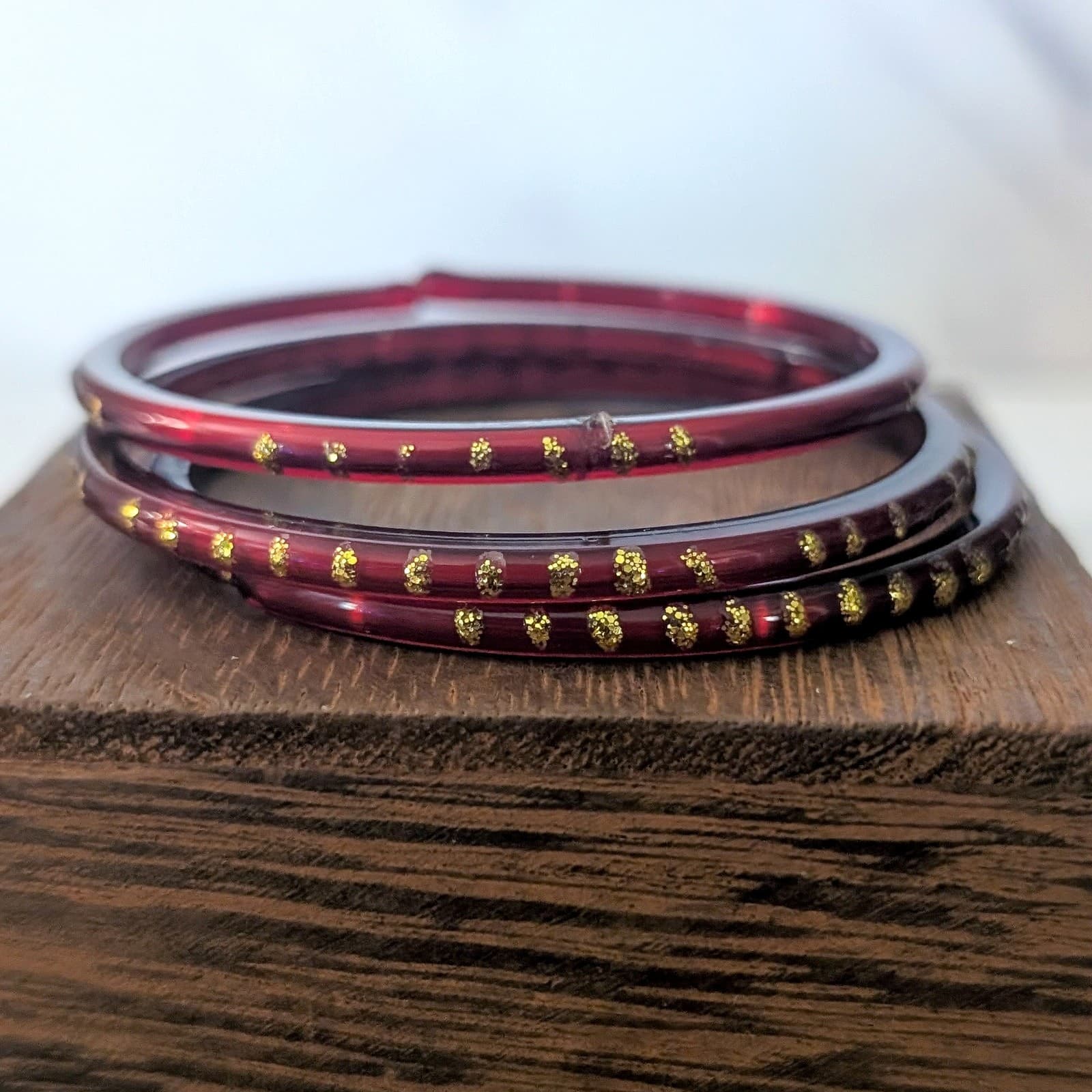 Set of 3 Dark Red Bangles with Gold Tone Glitter - Bracelets