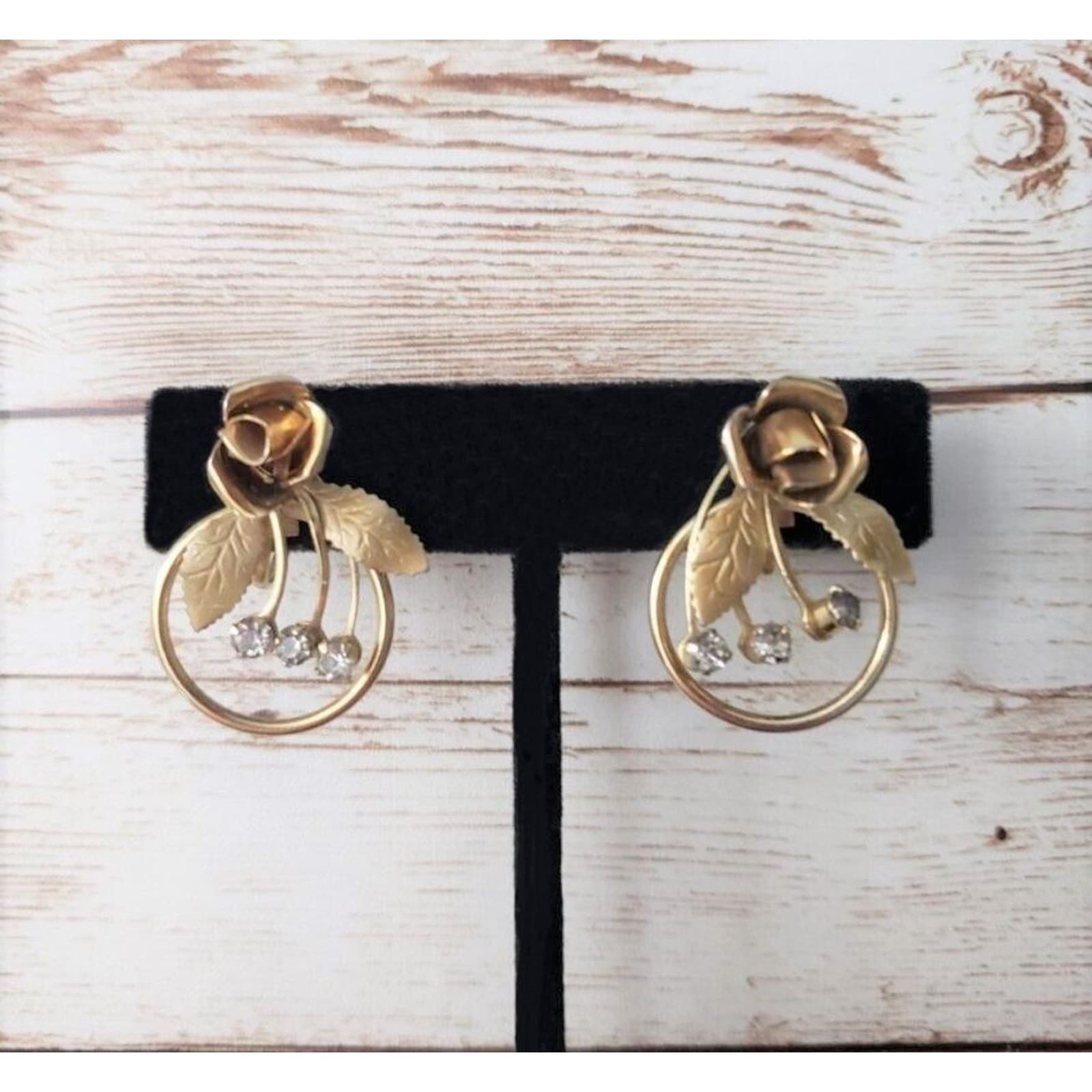 Vintage Screw On Earrings - Gold Tone Rose with Clear Gems