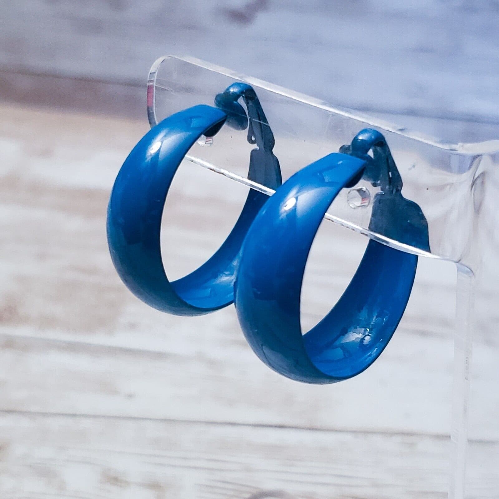 Vintage Clip On Earrings - Retro Blue Hoops 1.25"
