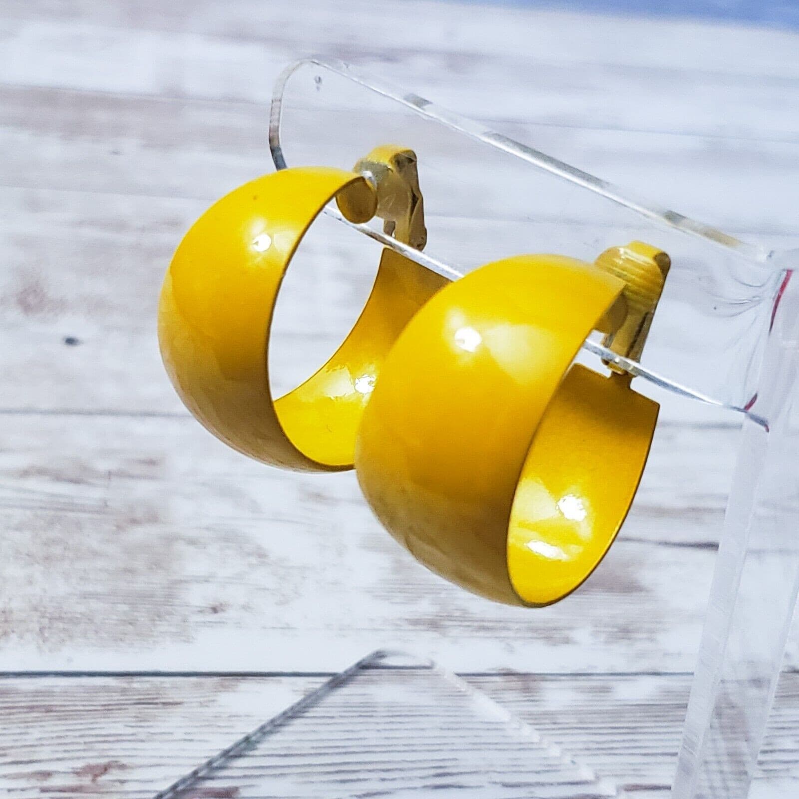 Vintage Clip On Earrings - Retro Chunky Yellow Hoops Just Under 1.25"