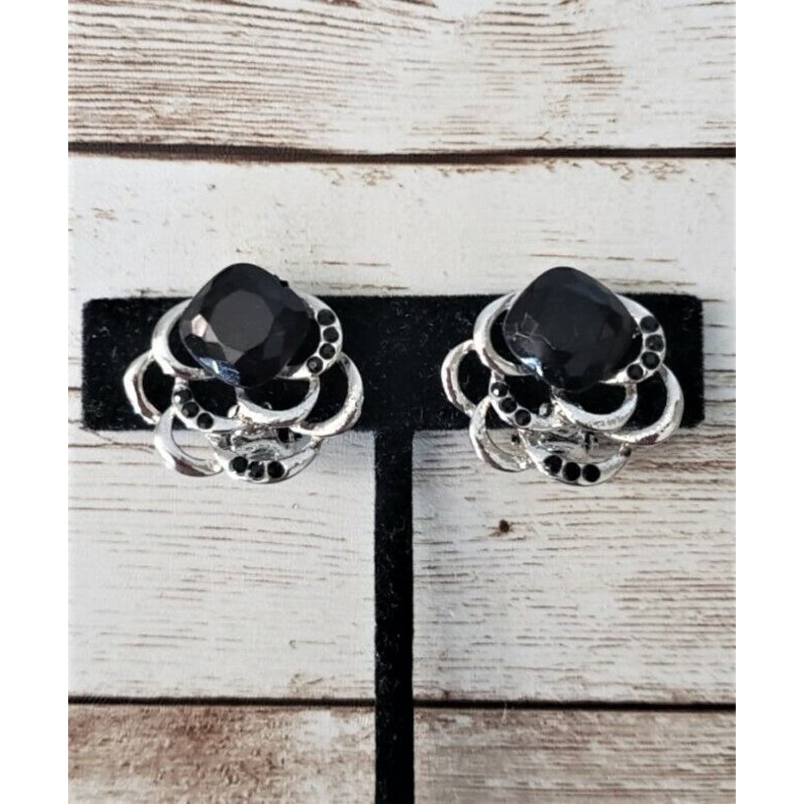 Vintage Clip On Earrings Statement Black & Silver Tone with Unusual Design