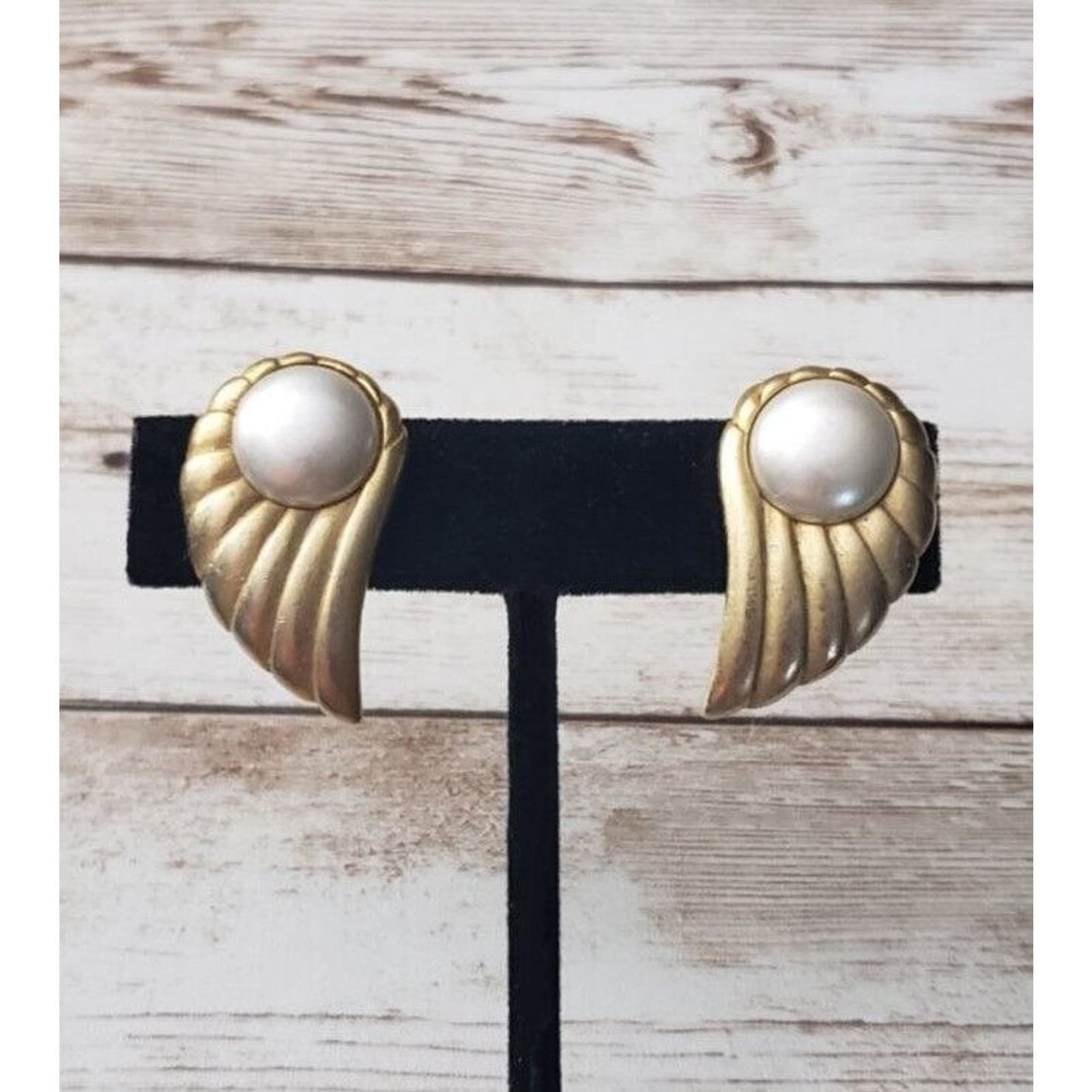 Vintage Clip On Earrings - Beautiful Statement Gold Tone & Pearlescent