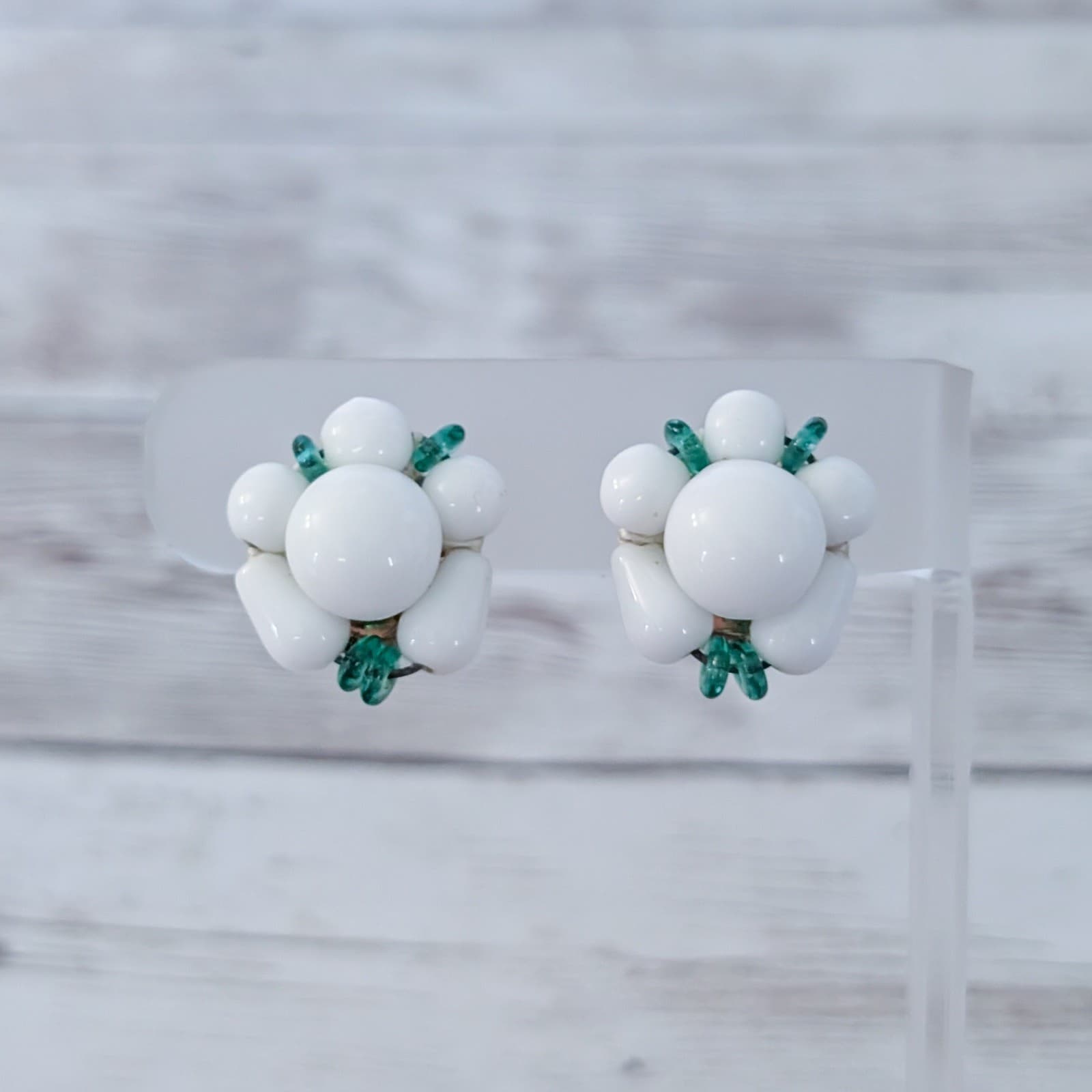 Vintage Clip On Earrings White & Green Retro