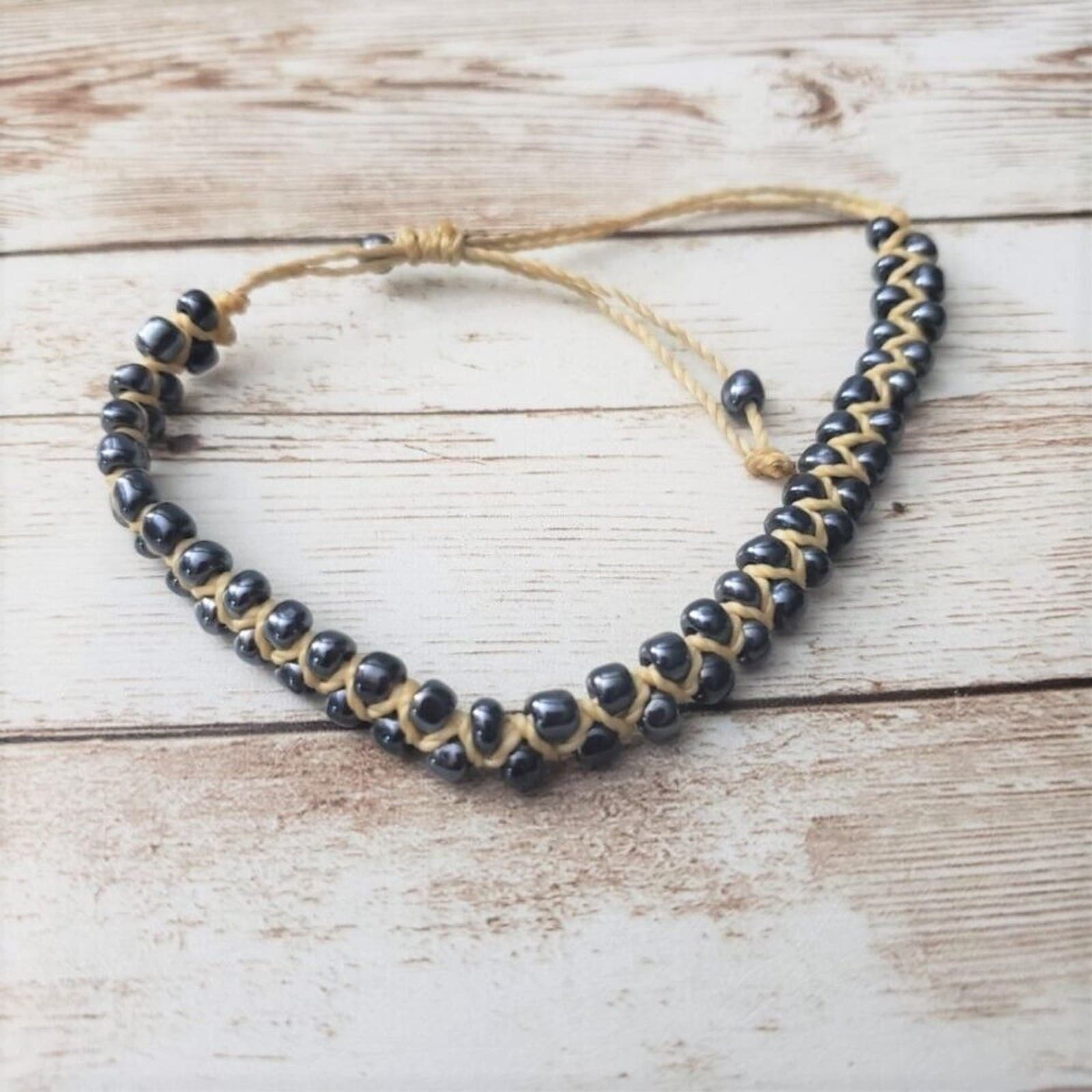 Vintage Bracelet Unusual Corded, Woven In Metallic Blue Beads