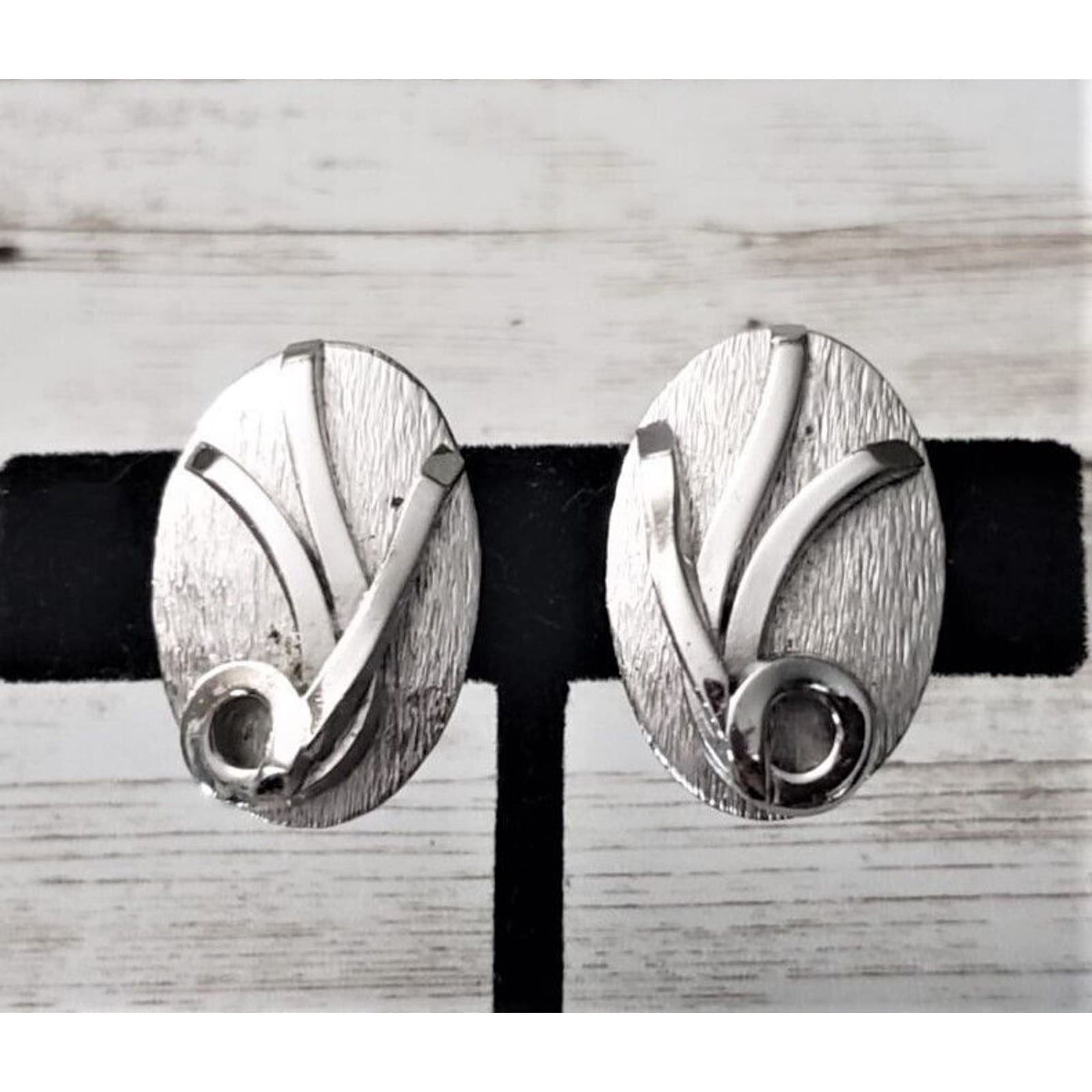 Vintage Whiting & Davis Co Clip On Earrings Silver Tone Oval with Flower