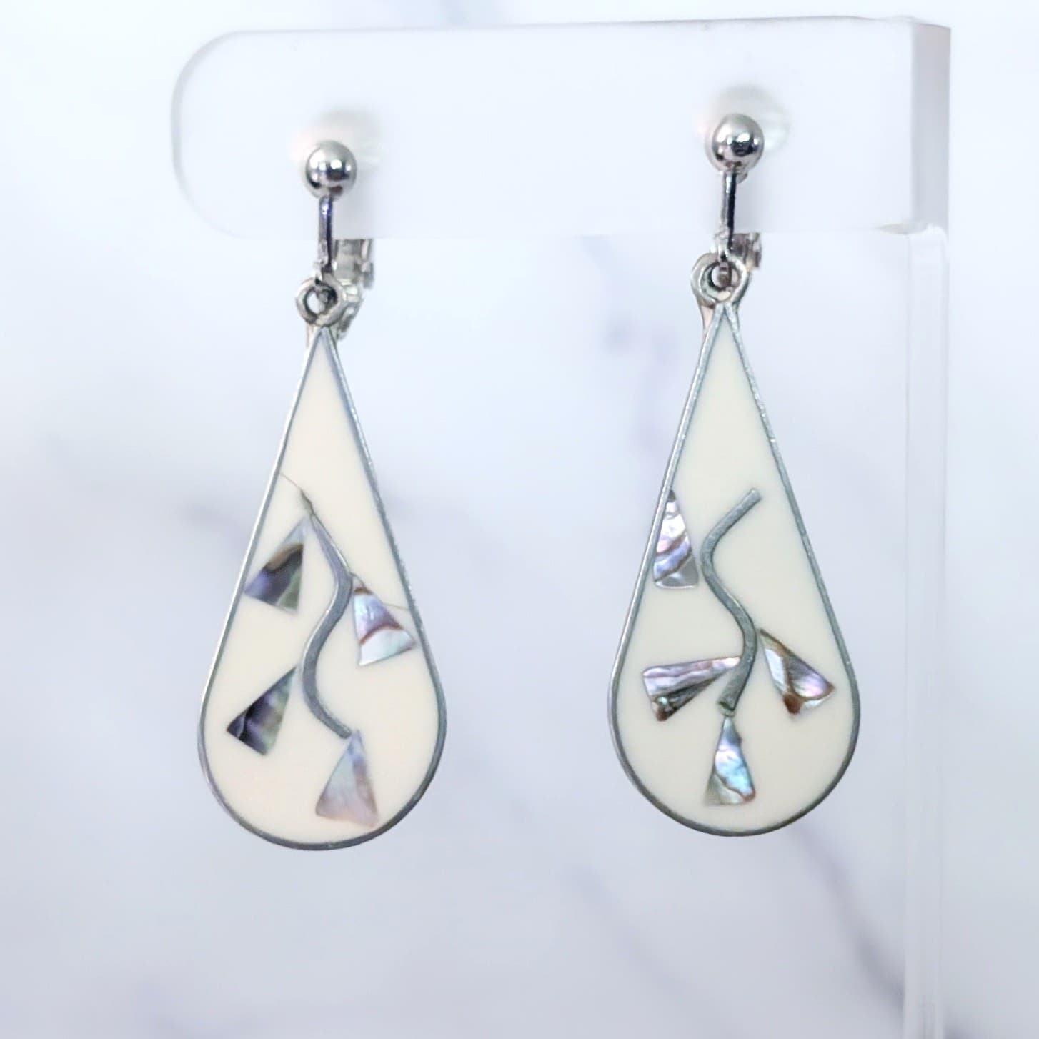 Vintage Clip On Earrings Cream Enamel & Inlayed Abalone Alpaca Mexico