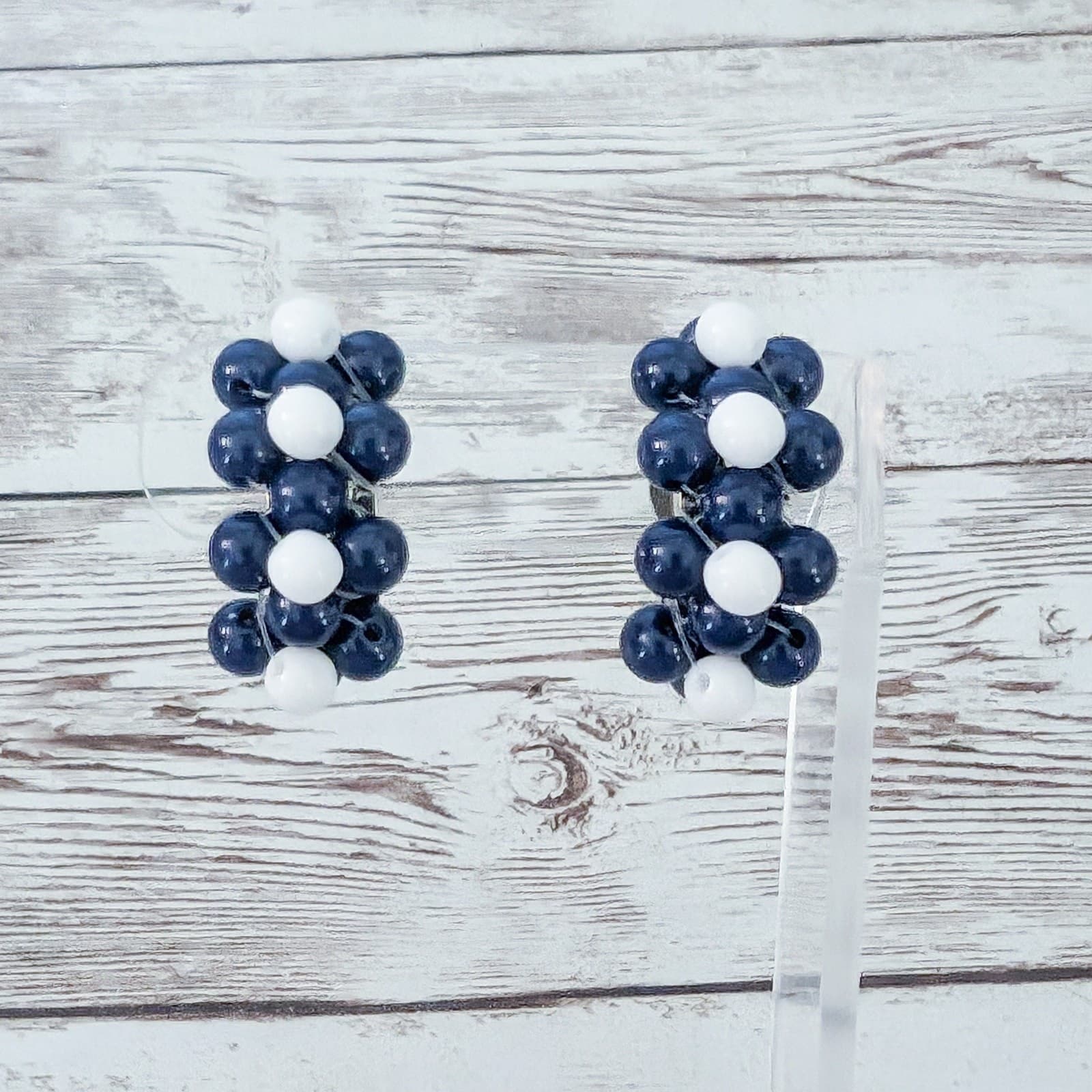 Vintage Clip On Earrings Blue & White Large Beaded Half Hoops