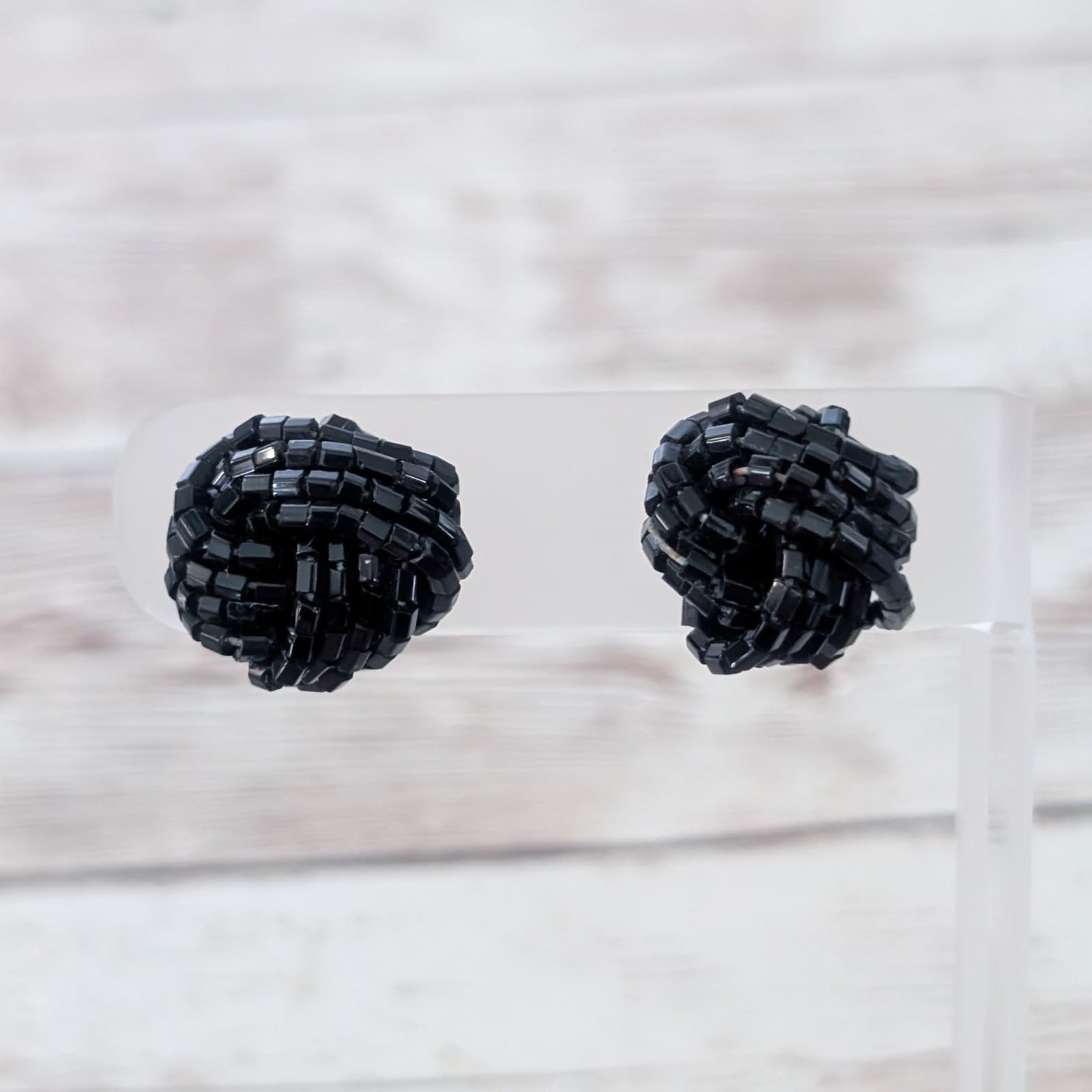 Vintage Clip On Earrings Black Beaded Wrap