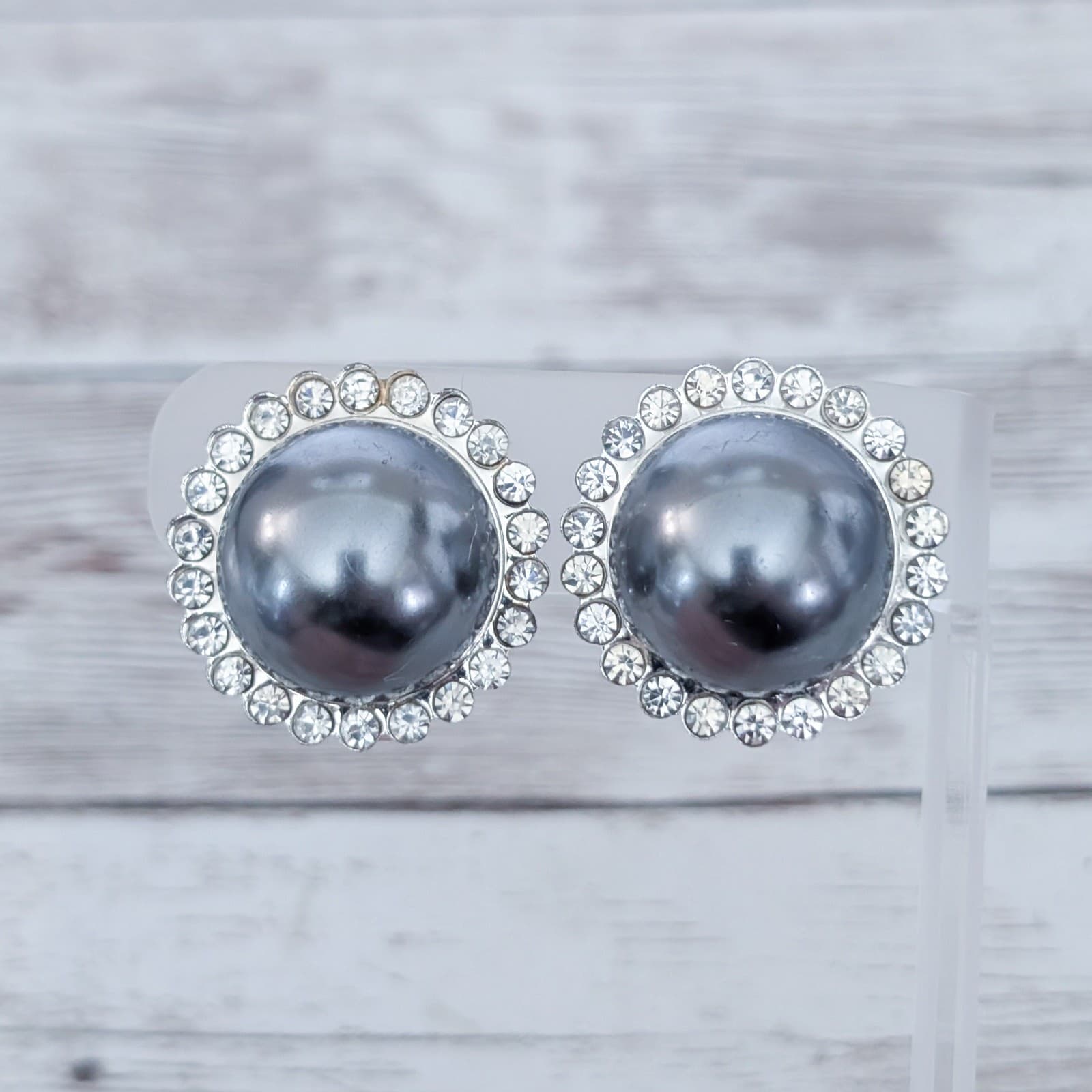 Vintage Clip On Earrings Large Metallic Center with Clear Gem Halo