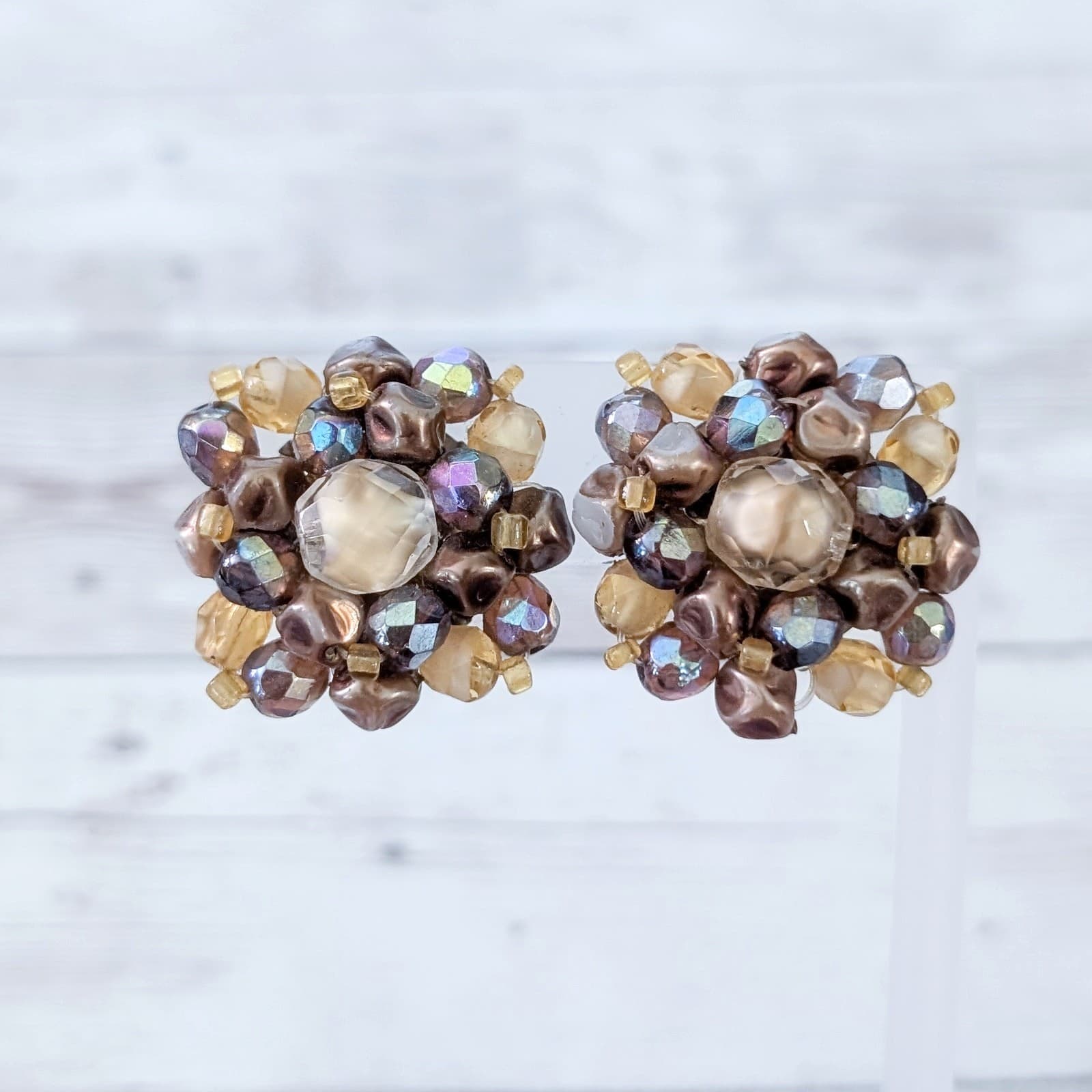 Vintage Clip On Earrings Large Statement Square Cluster Brown/Tan/Iridescent