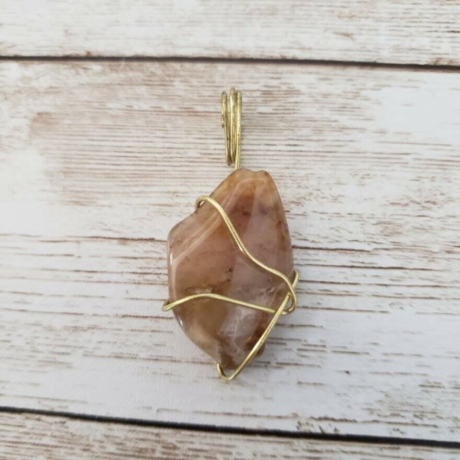 Vintage Pendant Orangey Polished Rock with Gold Tone - No Chain Included