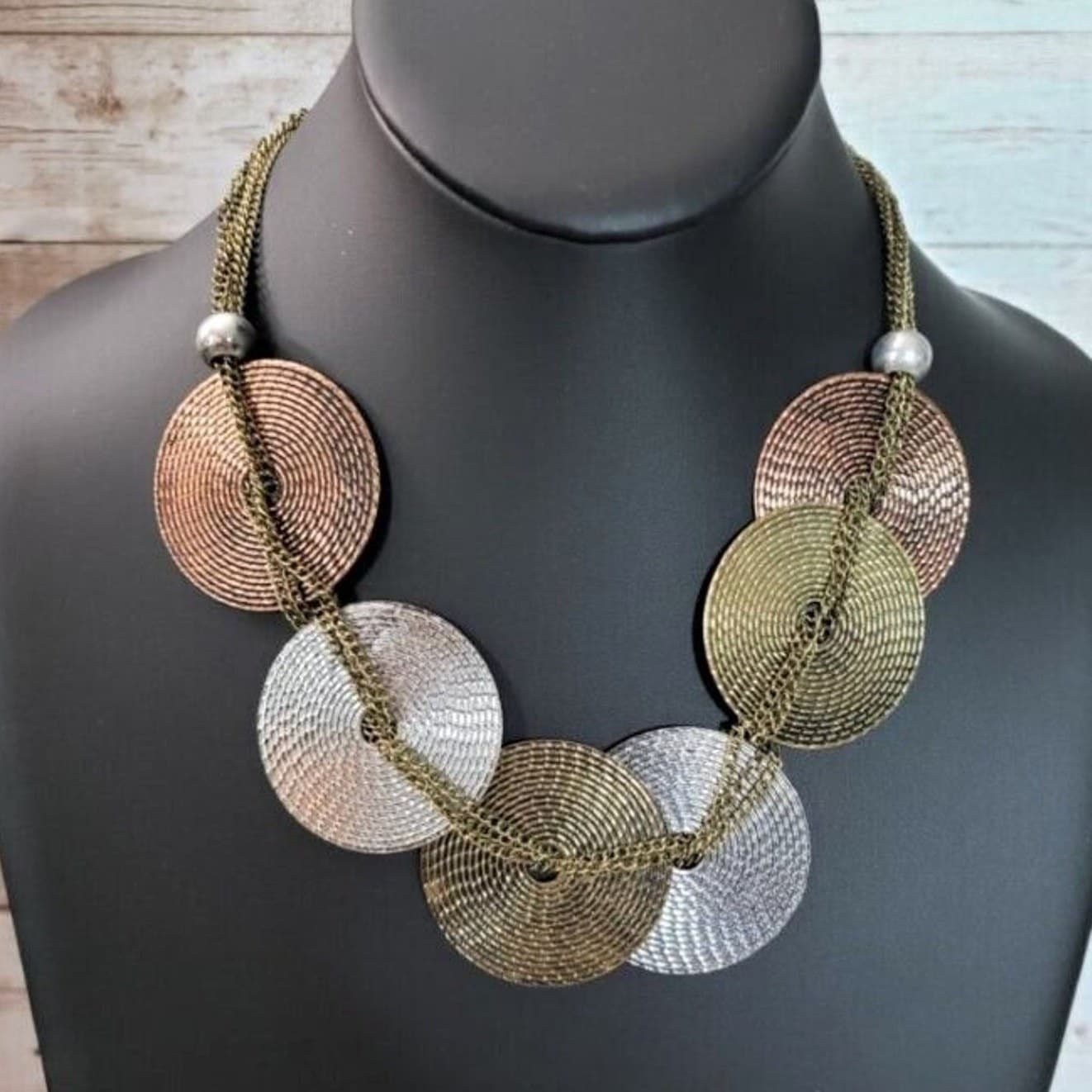 Vintage Necklace Large Multi Tone Circles Statement Necklace