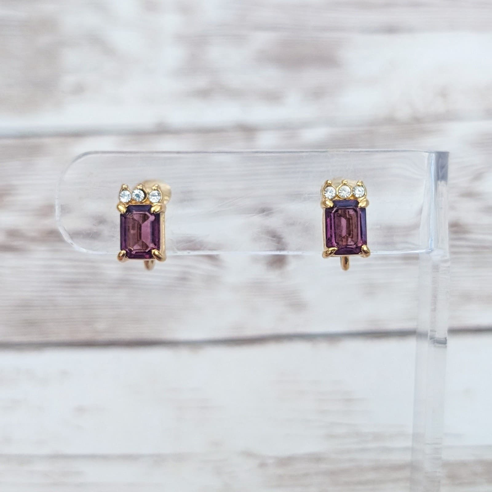 Vintage Clip On Earrings Dainty & Stylish Purple & Clear Gems