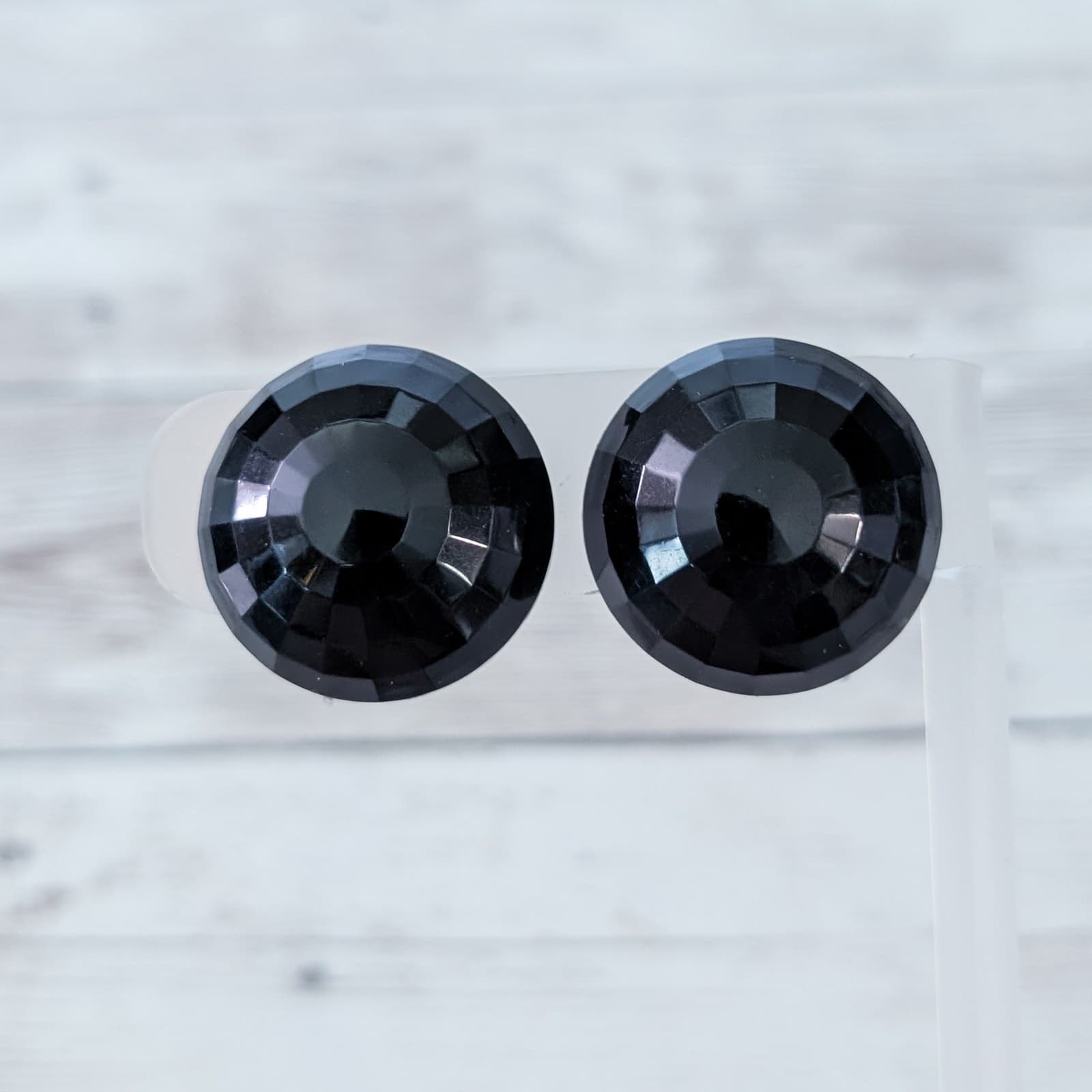 Vintage Clip On Earrings Large Statement Faceted Black Domed Circle