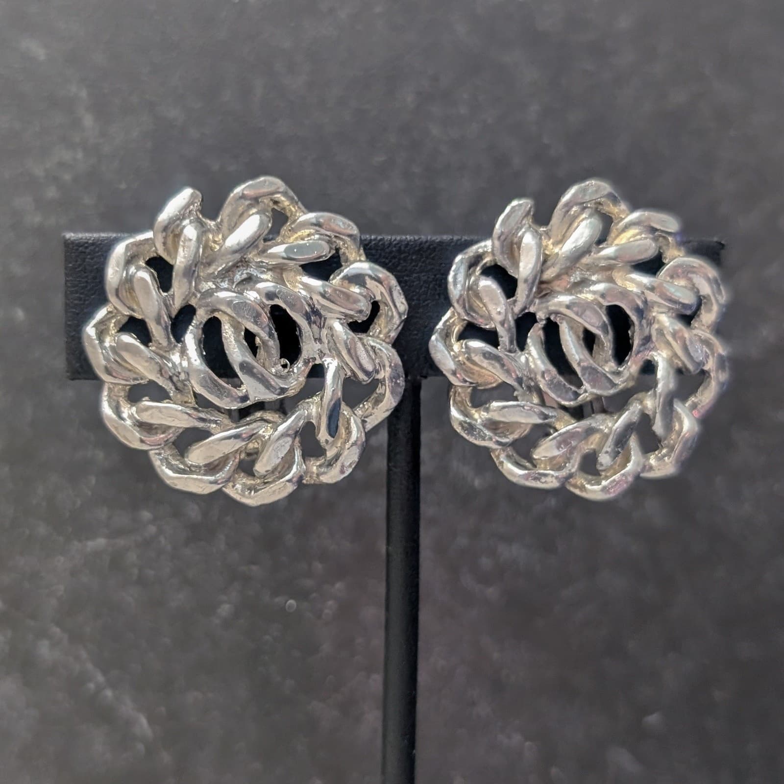 Vintage Clip On Earrings - Large Chain Circle Silver Tone 1.25" Statement