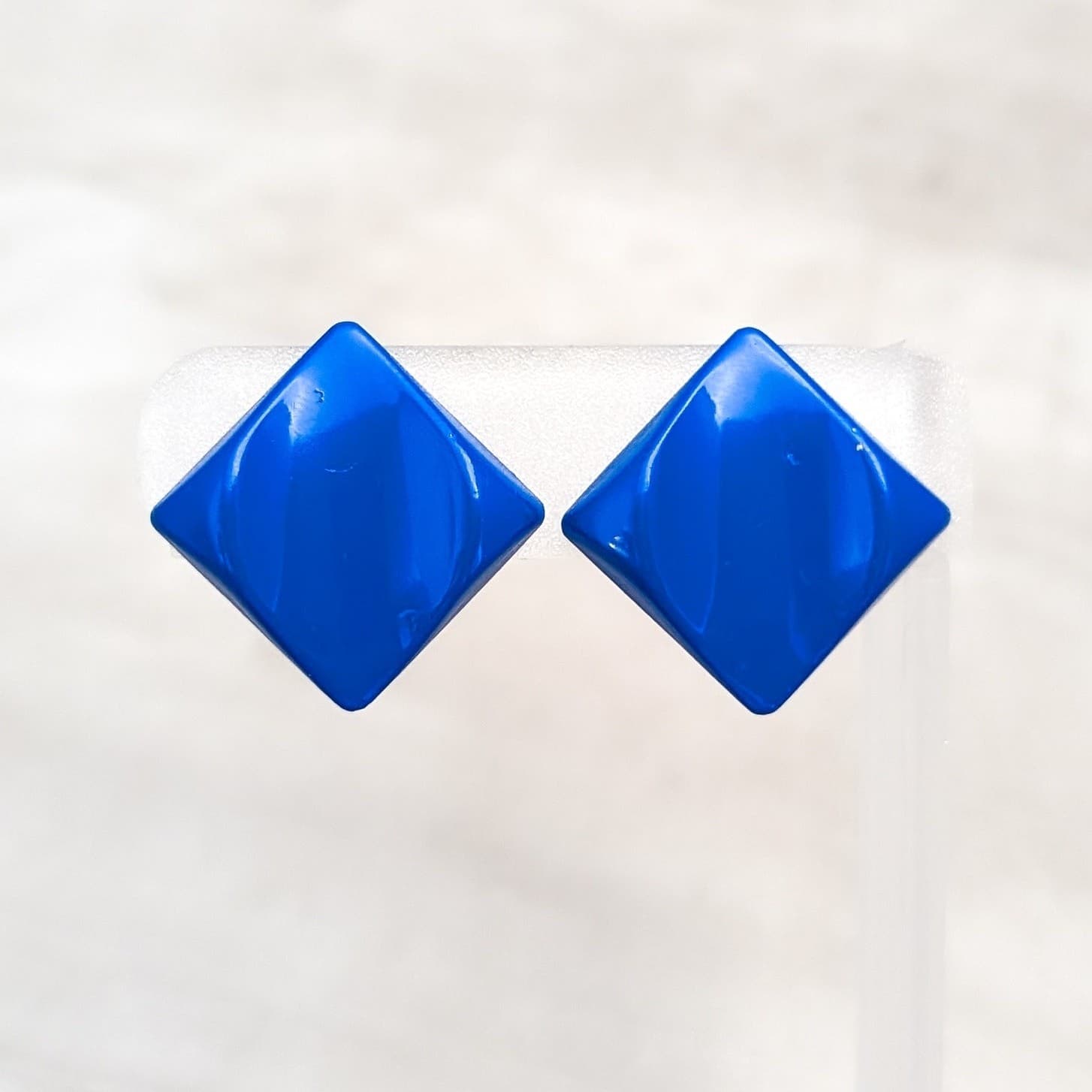 Vintage Clip On Earrings 7/8" Blue Diamond Shape with Pushed In Design Retro