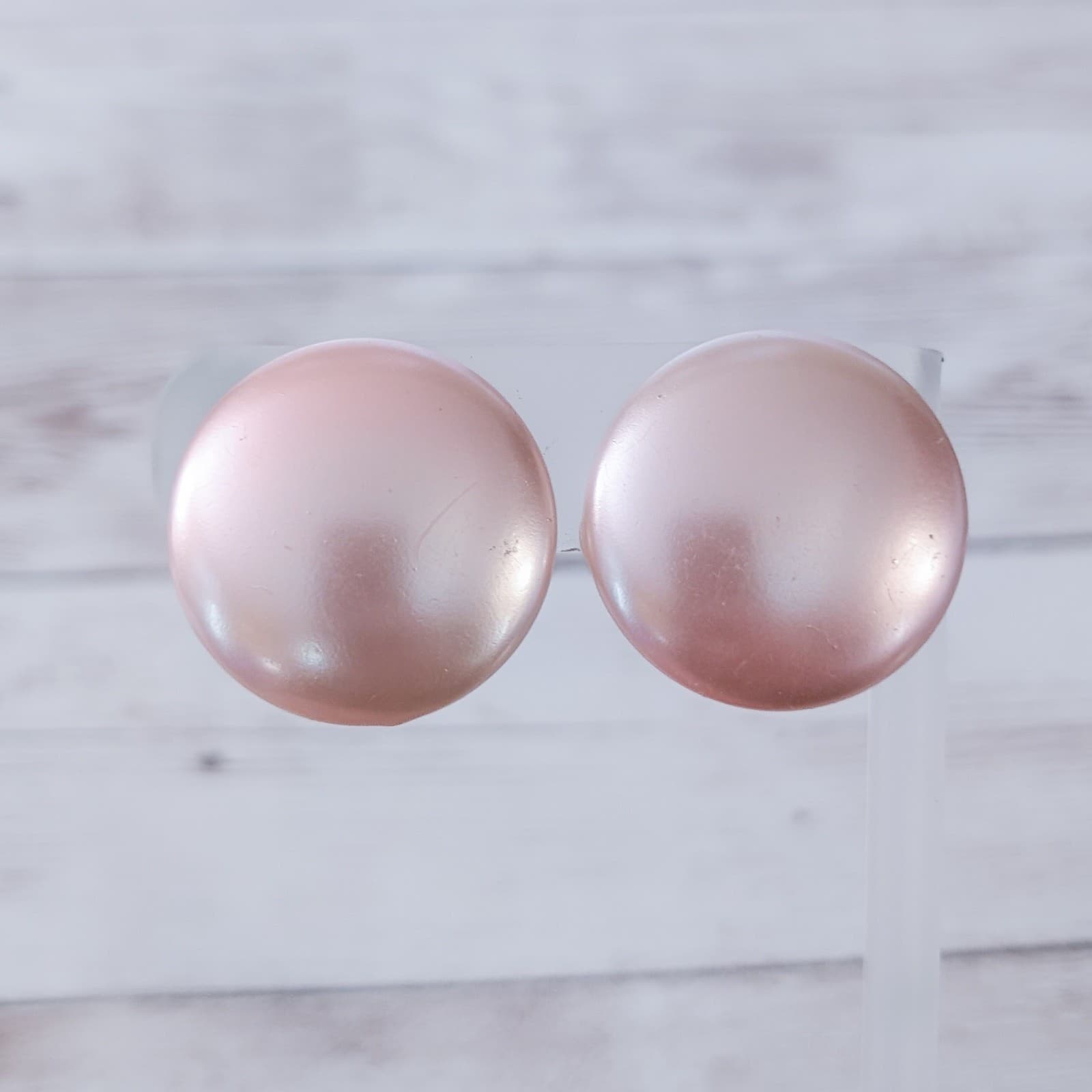Vintage Clip On Earrings Large Pearlescent Pink Circle - A Bit Under 1 & 1/8"