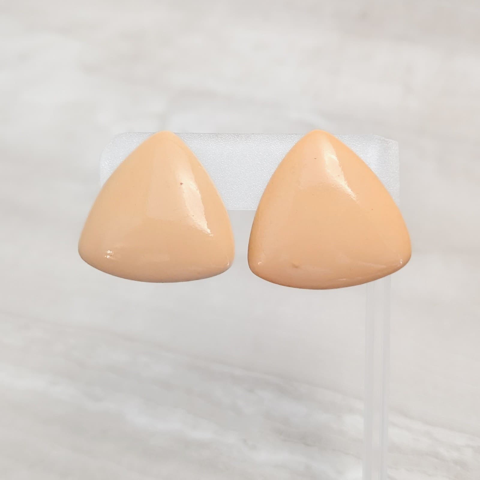 Vintage Clip On Earrings 1.25" Large Peachy Beige Tone Rounded Triangle Retro