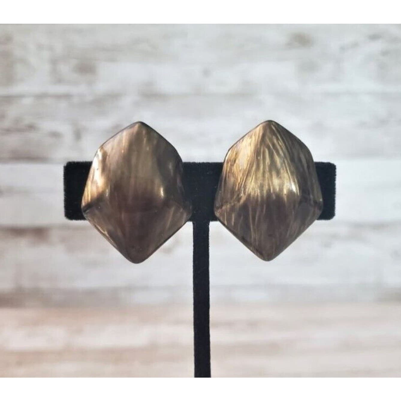 Vintage Clip On Earrings Bronze Tones Marbled Design Large Statement