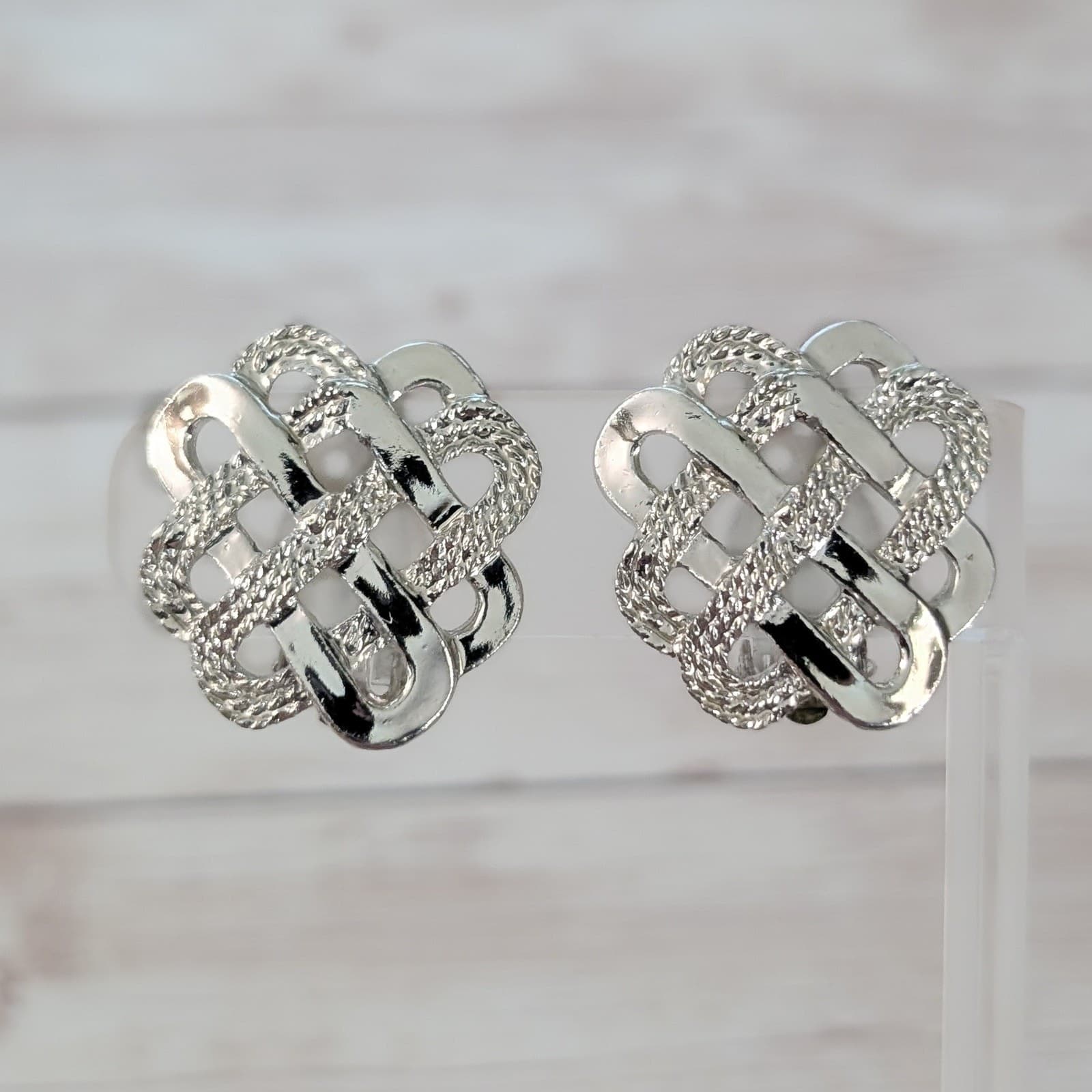 Vintage Clip On Earrings Large Interlocking Design Silver Tone