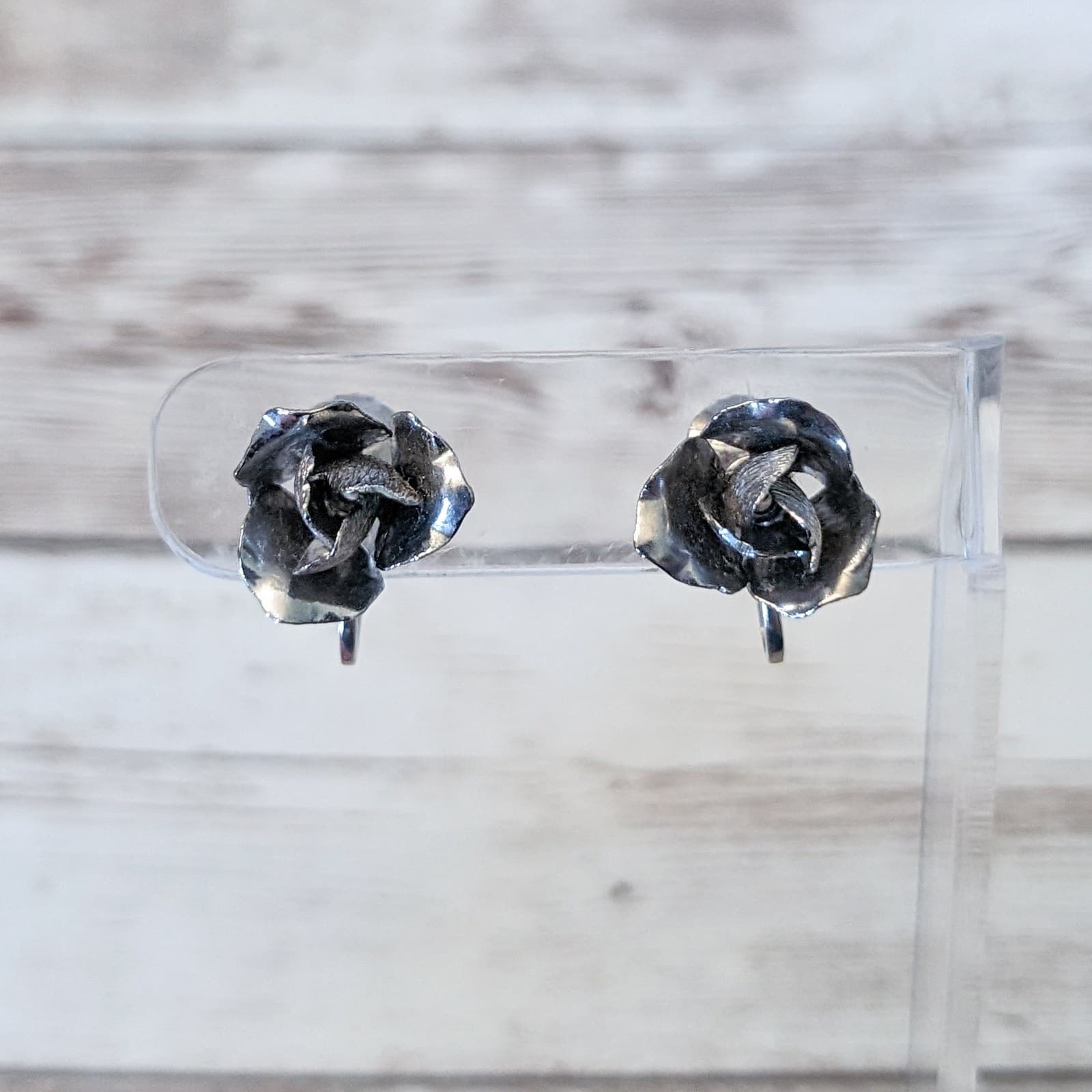 Vintage Clip On Earrings - Silver Tone 3D Flower 5/8"