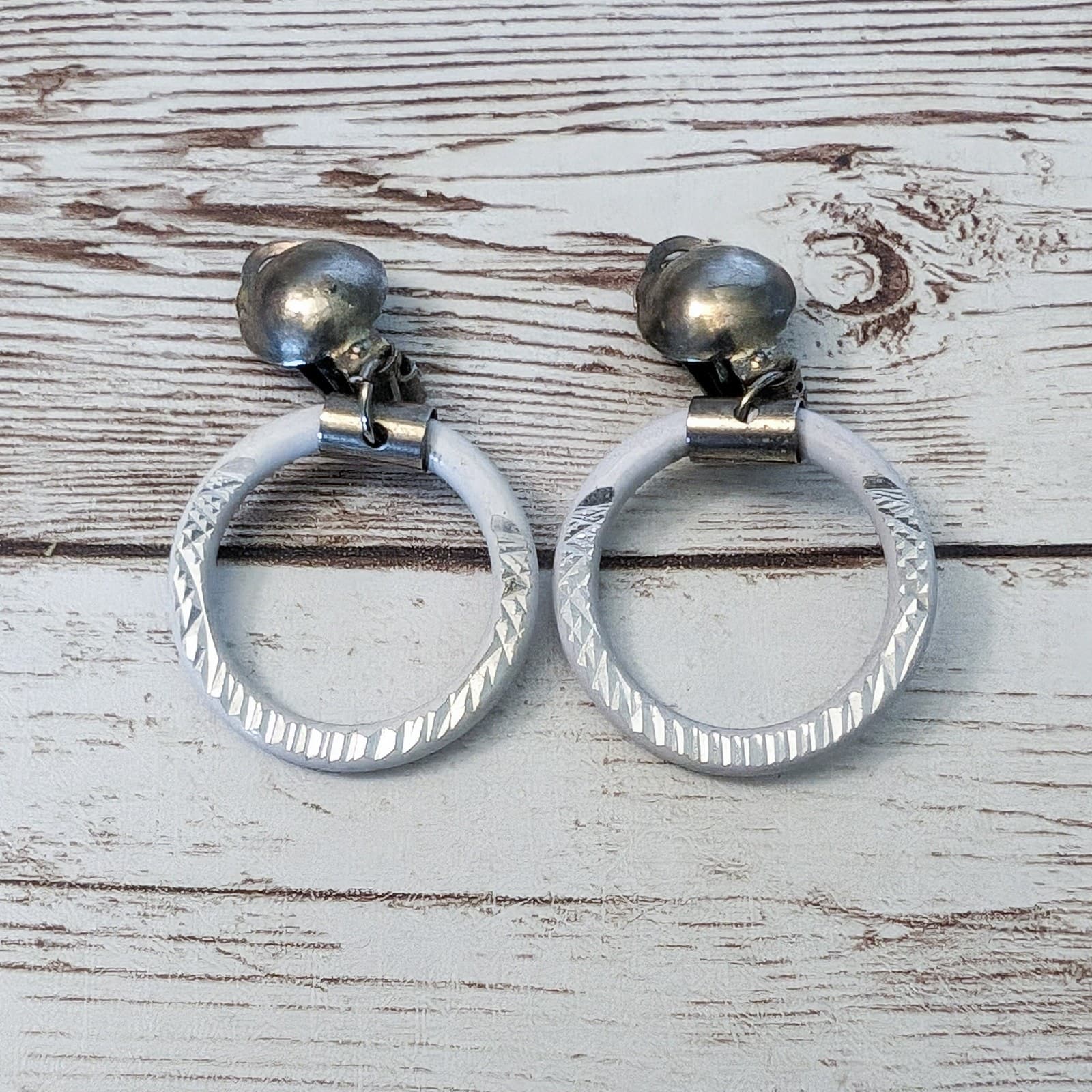Vintage Clip On Earrings - Off White and Mirrored Silver Tone Dangle