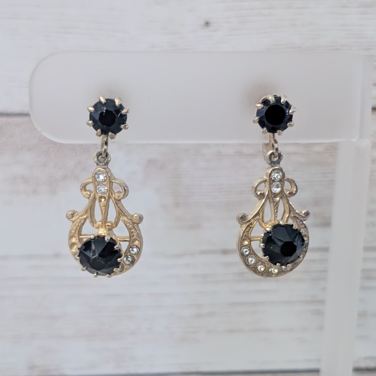 Vintage Screw On Earrings Elegant Black, Clear Gem & Gold Tone Dangle