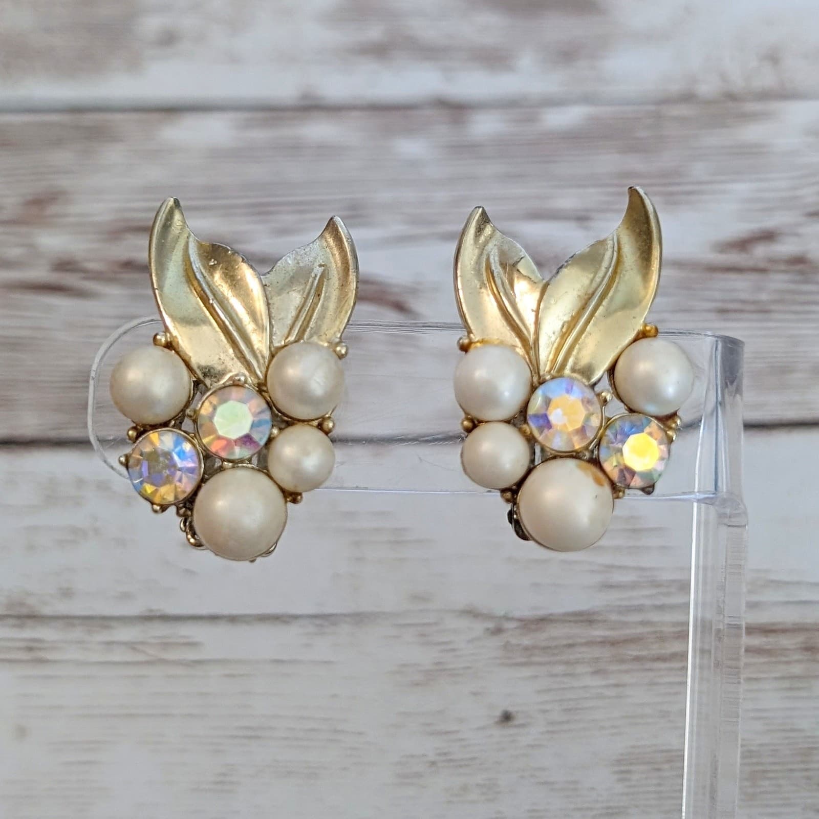Vintage Clip On Earrings - Gold Tone with Cream and Iridescent Detail