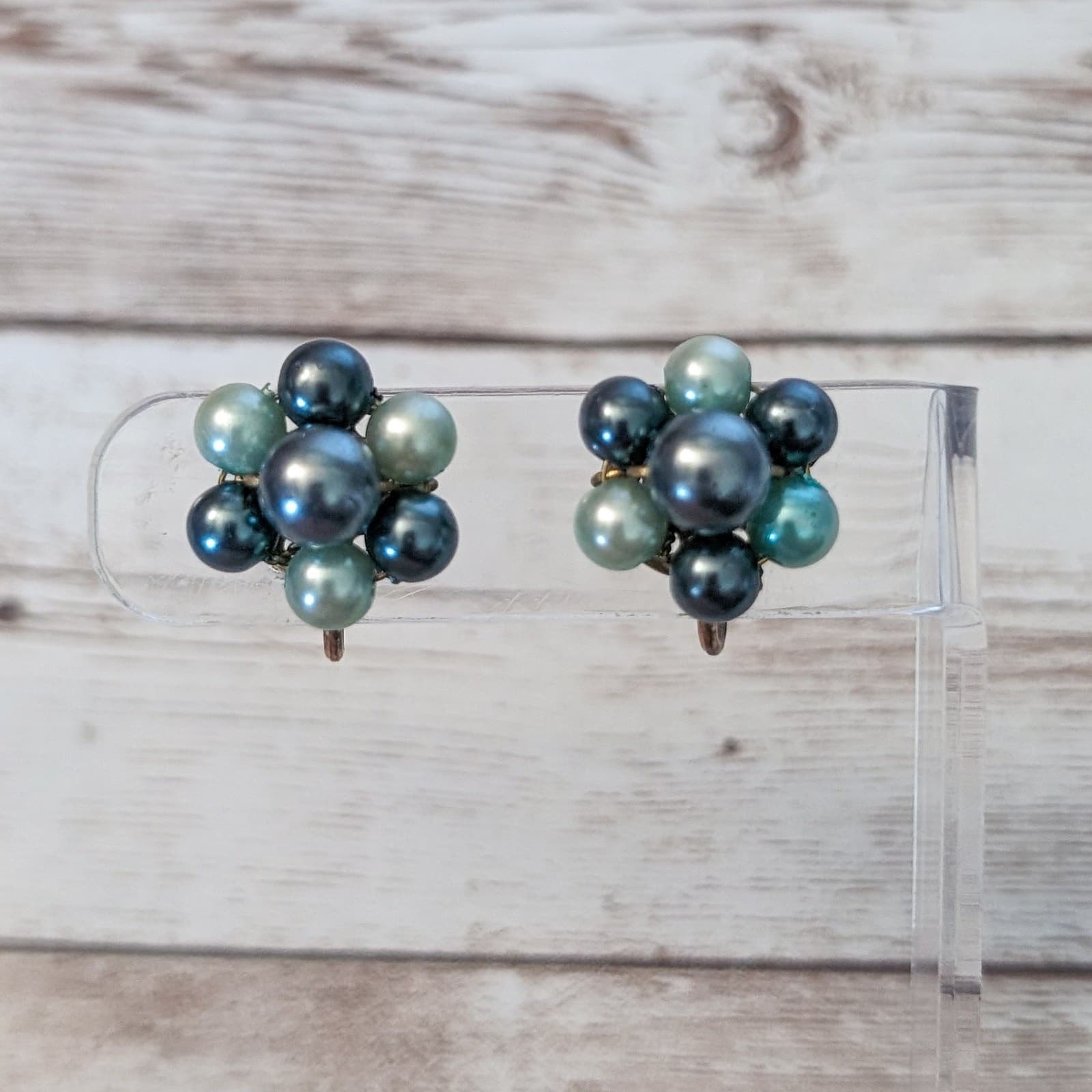 Vintage Screw On Earrings - Blue Green Hues Cluster Just Under 0.75"