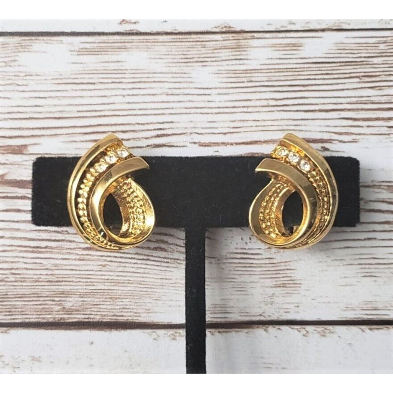 Vintage Avon Clip On Earrings - Gold Tone with 3 Clear Gems