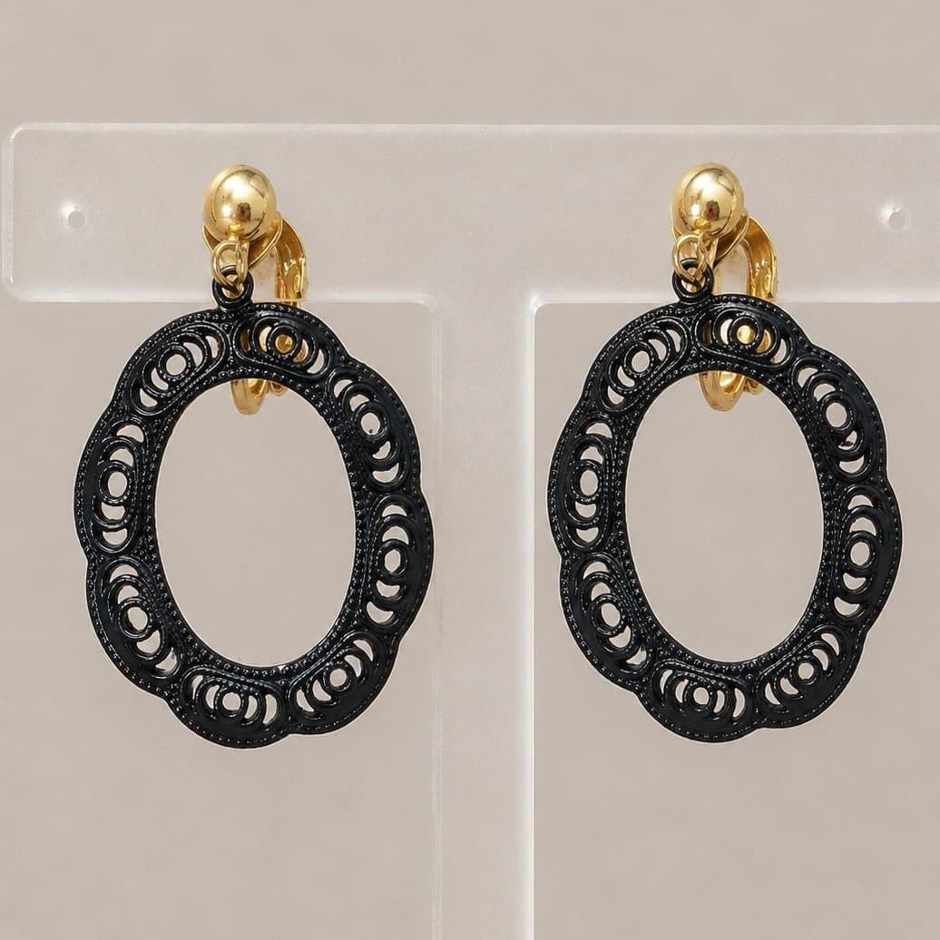 Vintage Clip On Earrings Large & Unusual Black Oval Shape