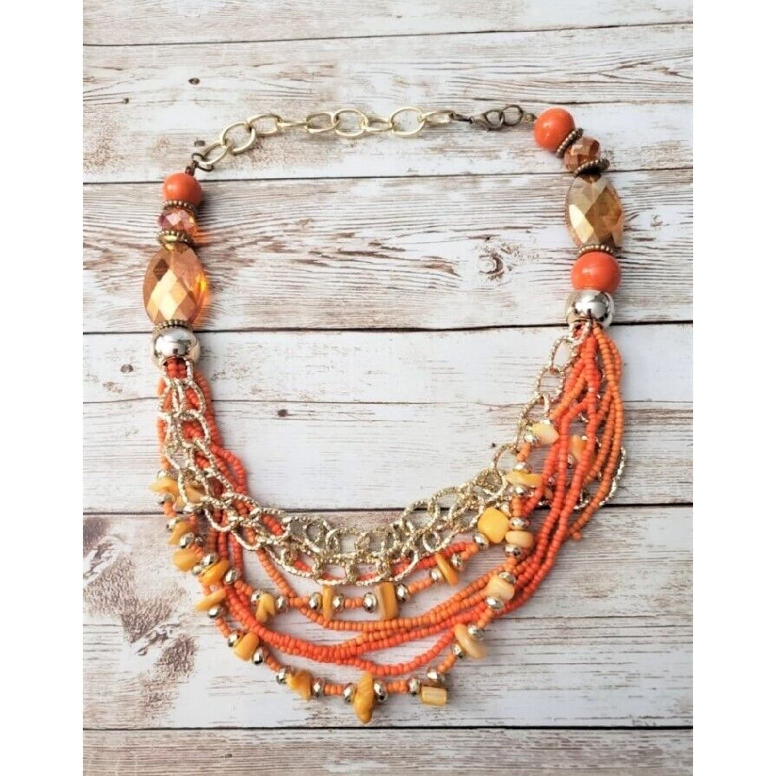 Vintage Necklace Orange & Gold Tone Multi Layer Statement Necklace