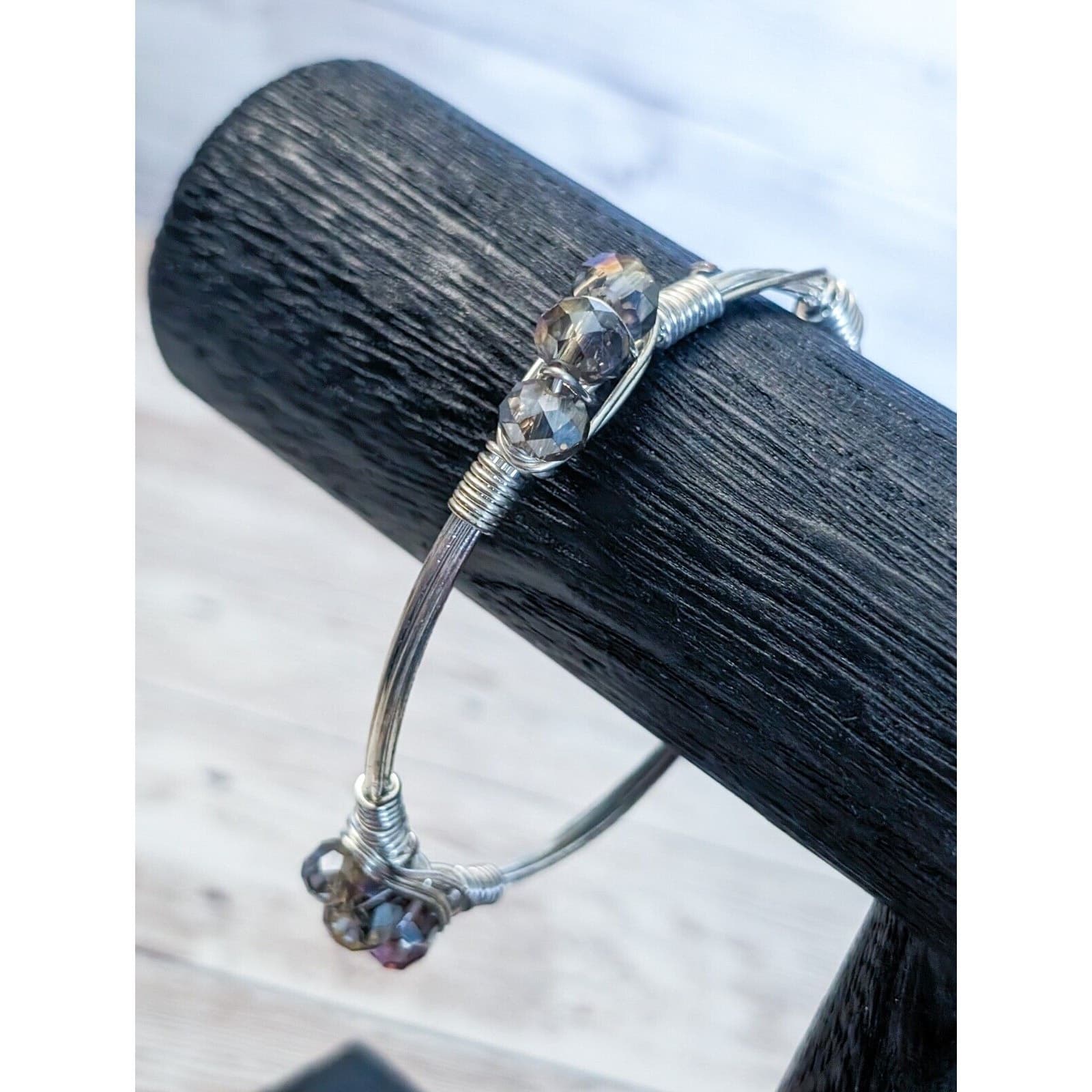 Silver Tone with Dark Iridescent Beads Bangle / Bracelet