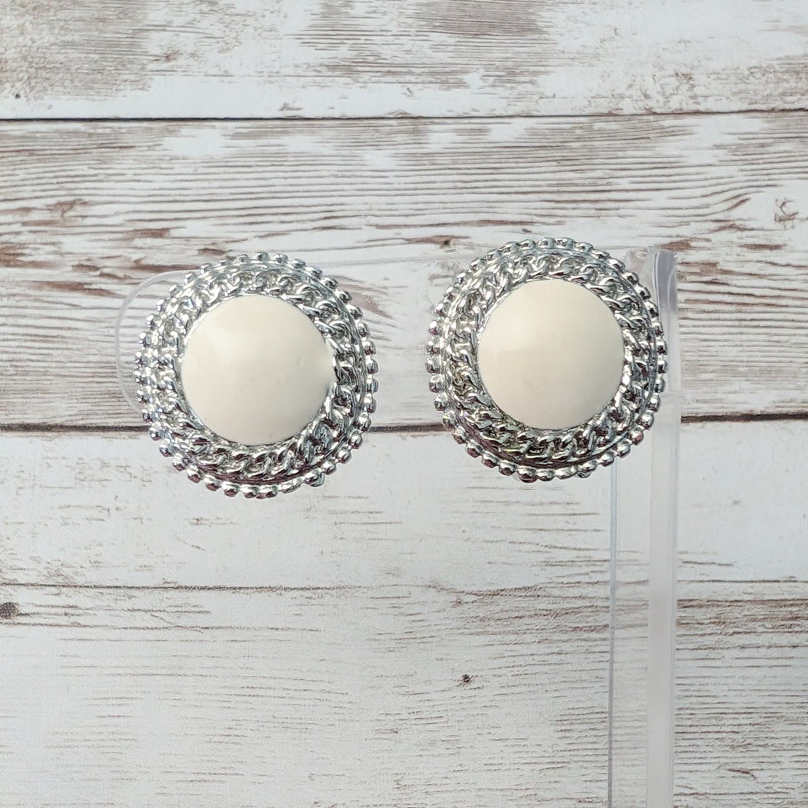 Vintage Clip On Earrings Cream Enamel with Silver Tone Halo