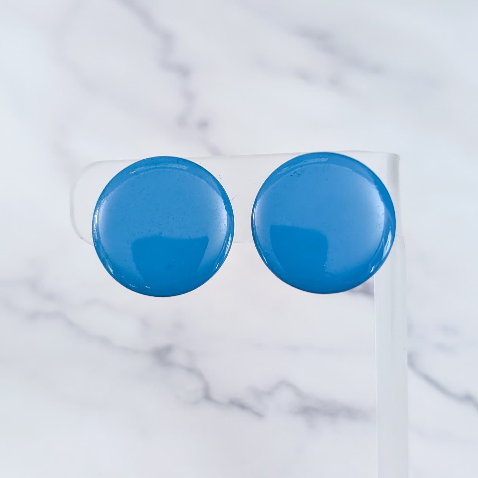 Vintage Clip On Earrings Blue Retro 15/16" Circle