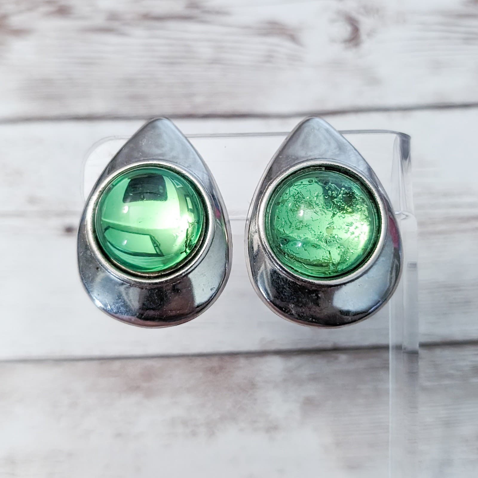 Vintage Clip On Earrings Large Teardrop Shape with Green Center