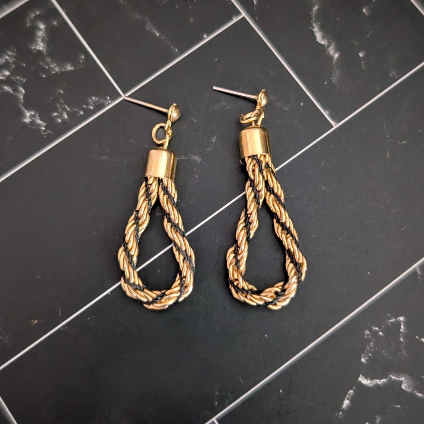 Vintage Stud Earrings Woven Gold Tone & Black Rope Twist Dangle