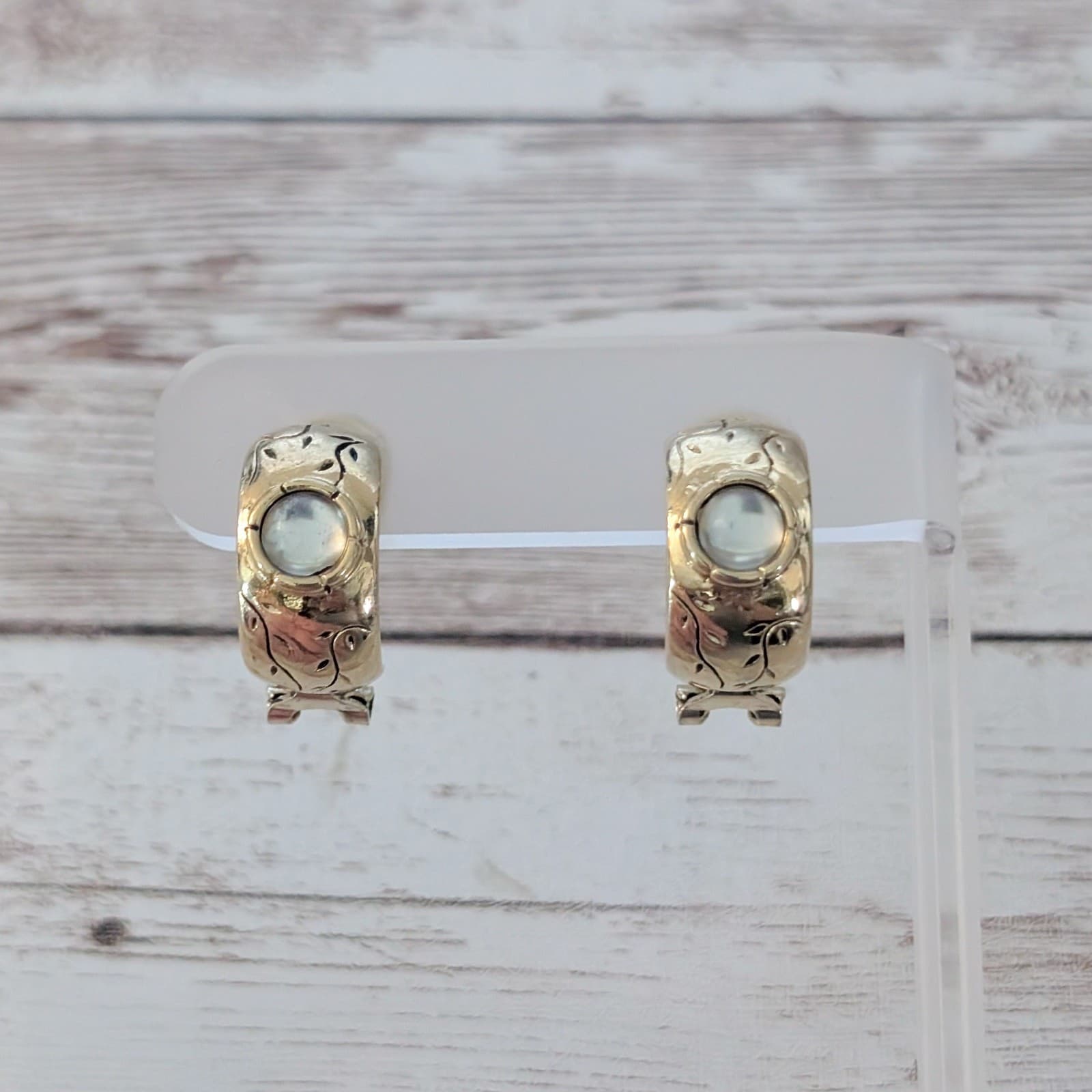 Vintage Clip On Earrings Ornate Gold Tone with Design and Cabochon