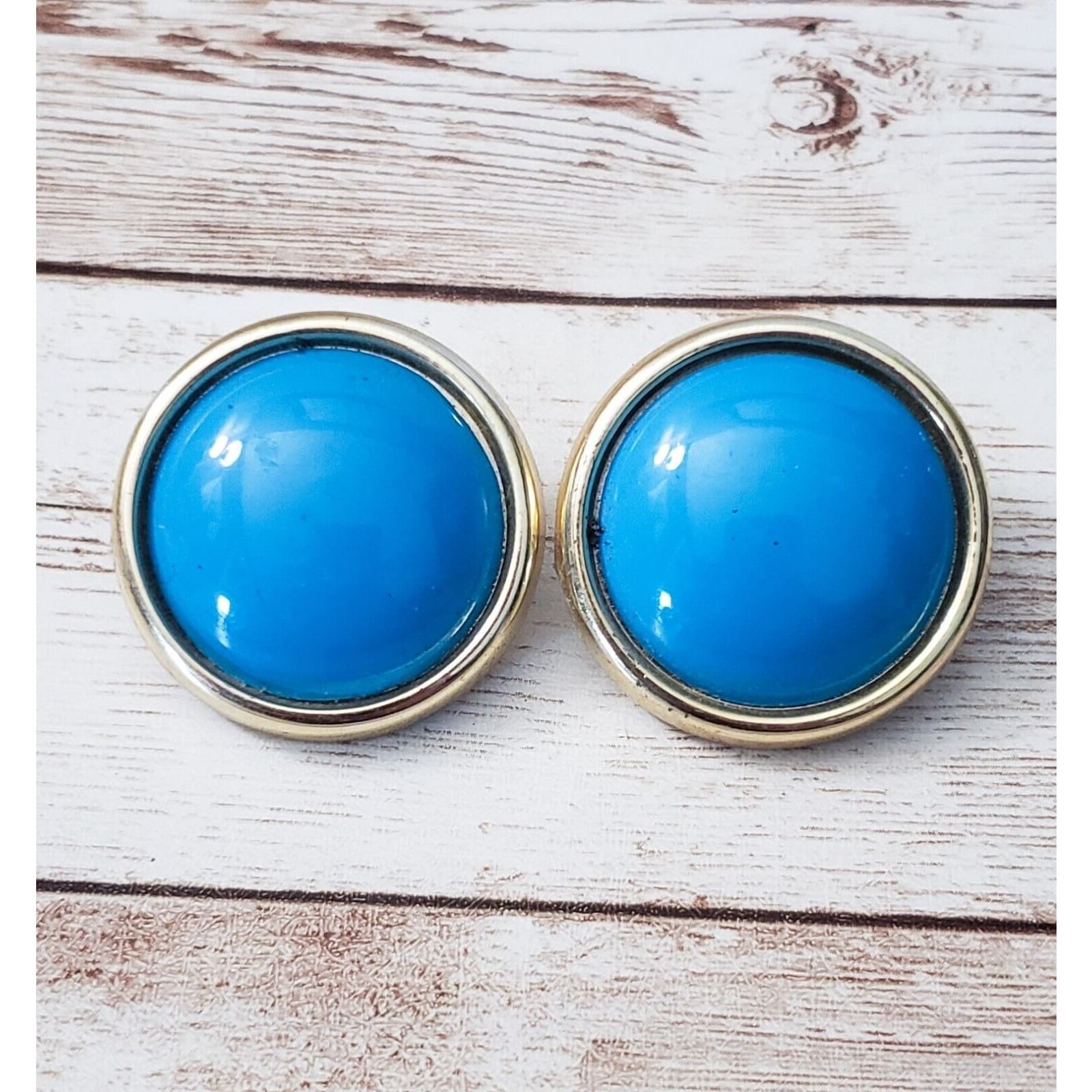 Vintage Clip On Earrings Statement Earrings Domed Blue with Gold Tone 1 & 3/8"