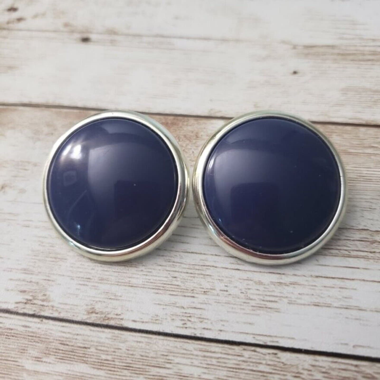 Vintage Clip On Earrings - Slightly Domed Blue Circle with Silver Tone Halo