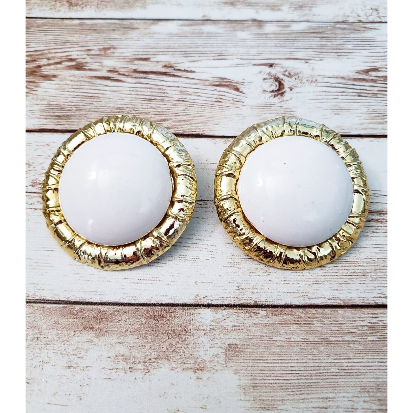 Vintage Clip On Earrings Extra Large White with Fancy Gold Tone Halo