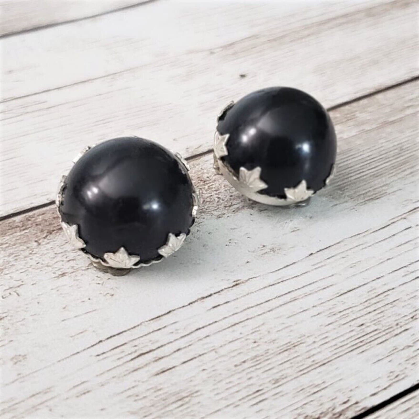 Vintage Clip On Earrings Black Domed with Silver Tone Leaves Detail 0.75"