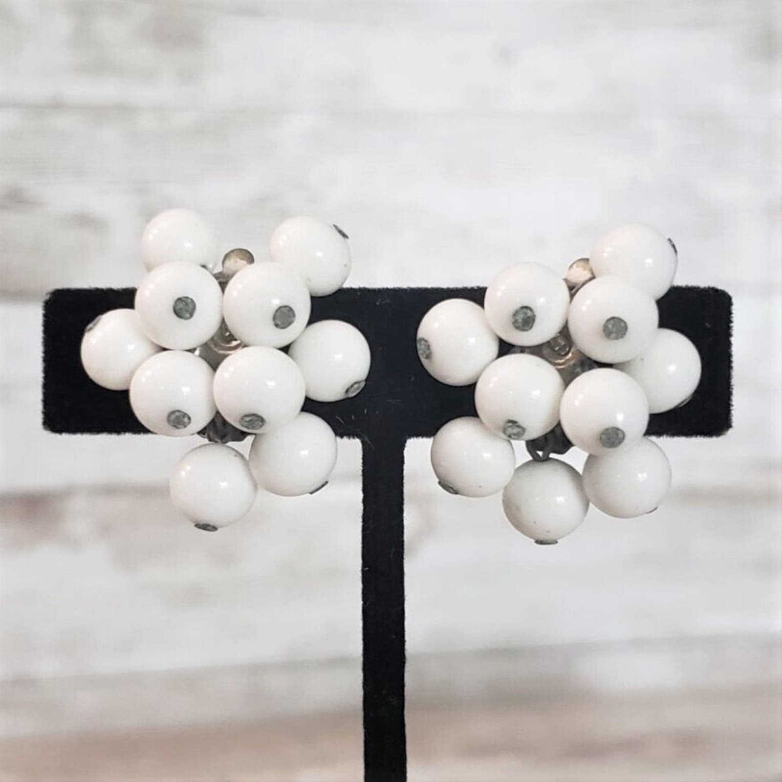 Vintage Clip On Earrings - White Beaded Dangle - 1 & 1/8"