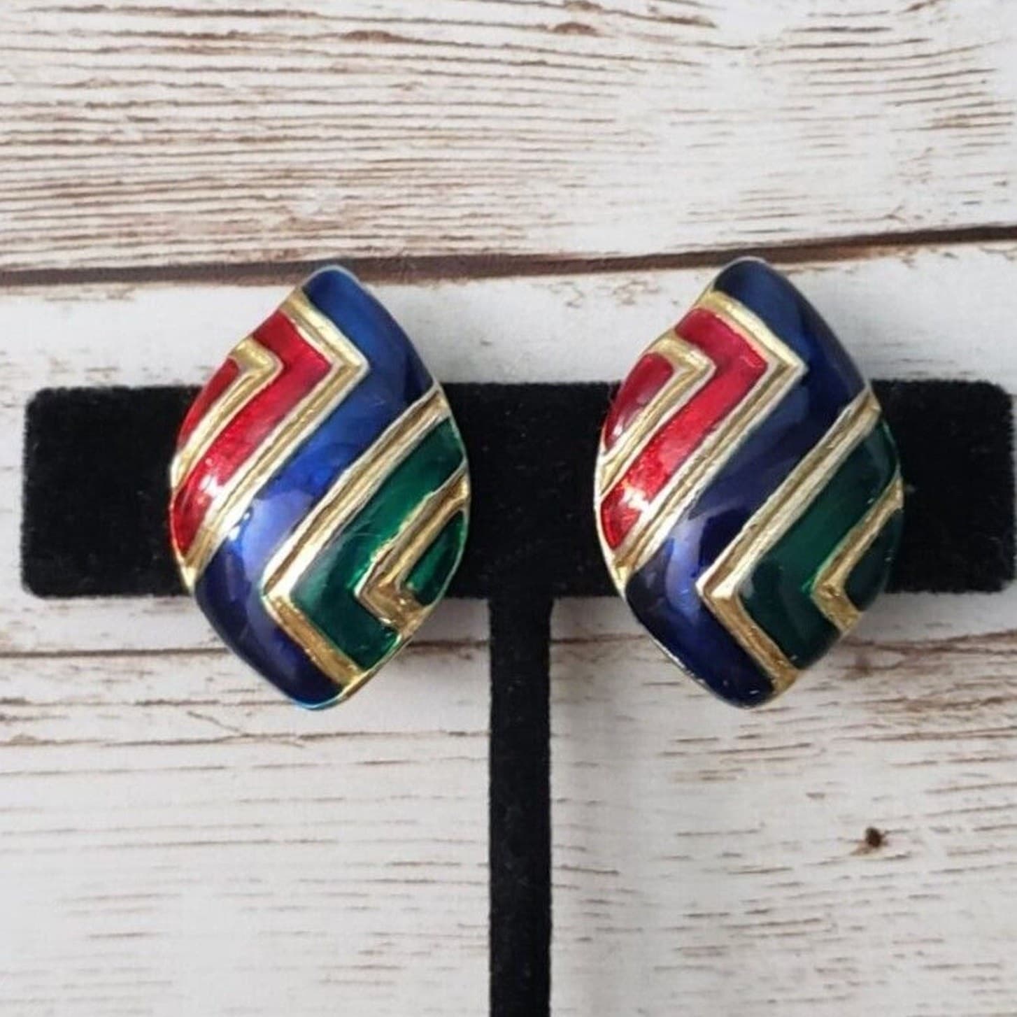 Vintage Clip On Earrings Gold Tone, Blue, Red Zig Zag Statement