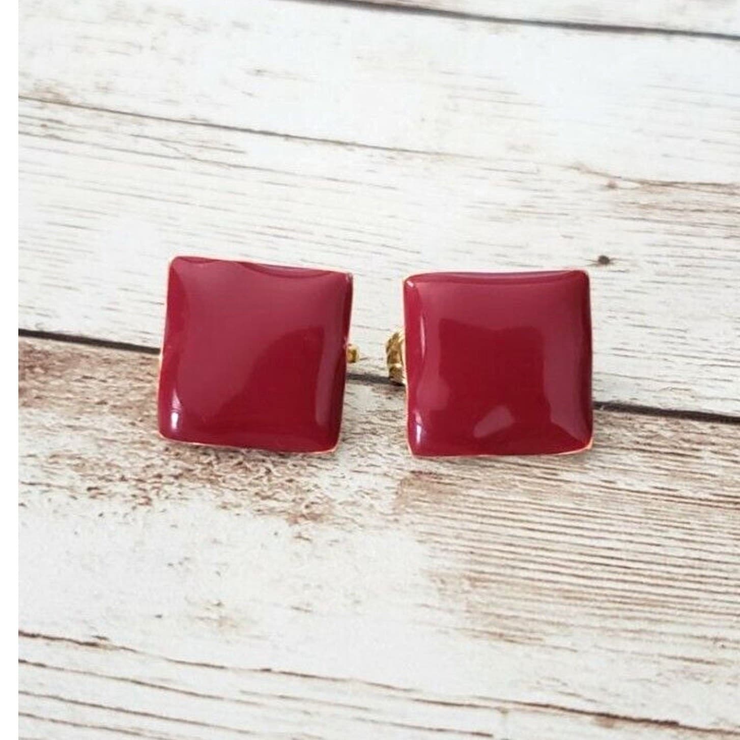 Vintage Clip On Earrings - Deep Red Enamel Square Stylish Retro 5/8"