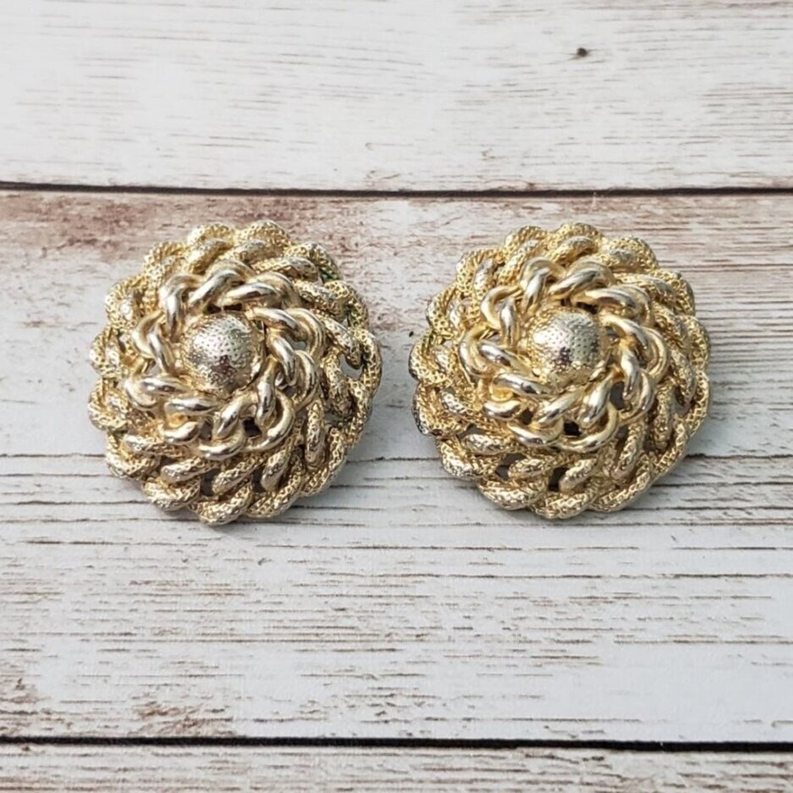 Vintage Clip On Earrings Large Statement Earrings Woven Circle Gold Tone
