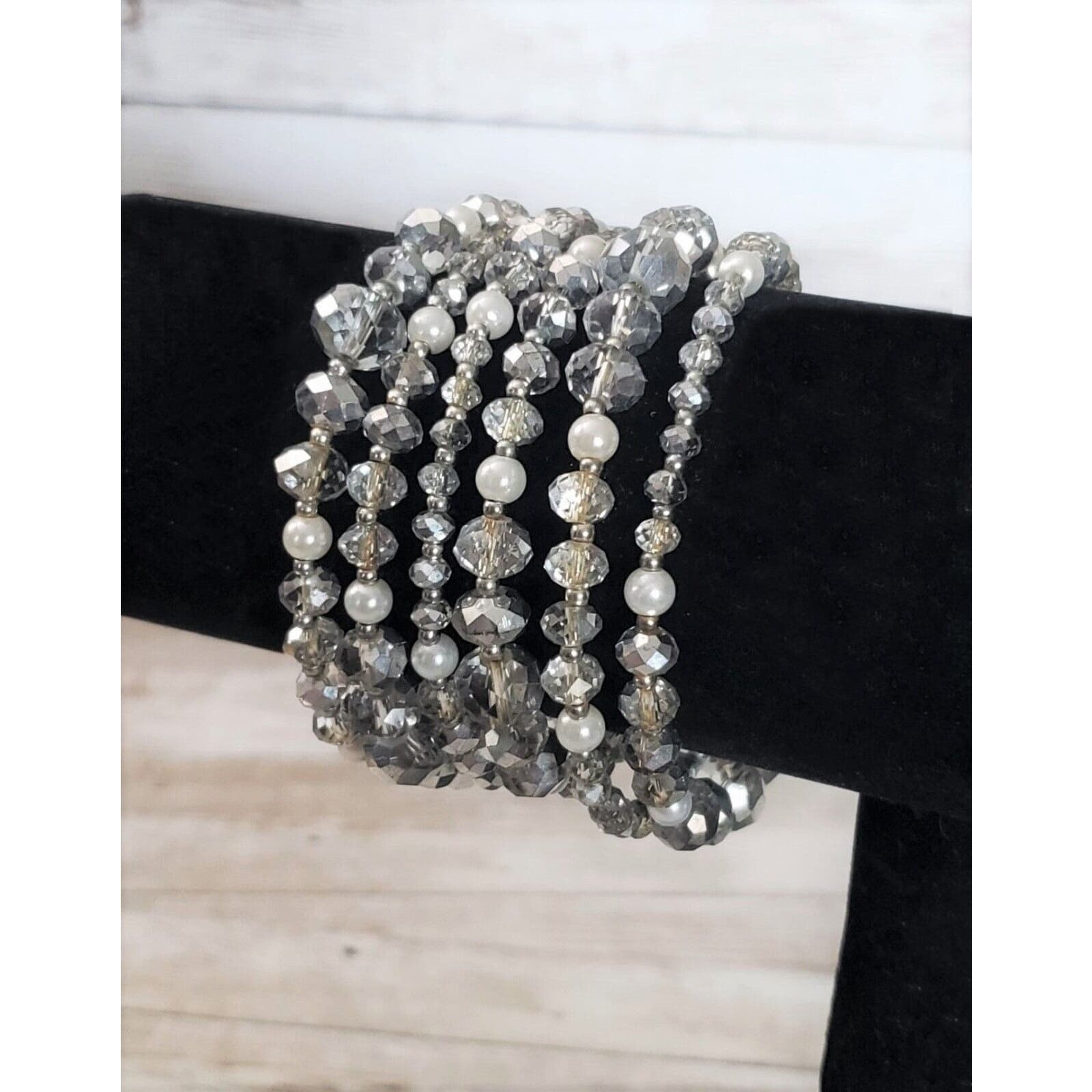 Vintage Bracelet / Bangle - Silver Tone & Faux Pearl Wrap Bracelet
