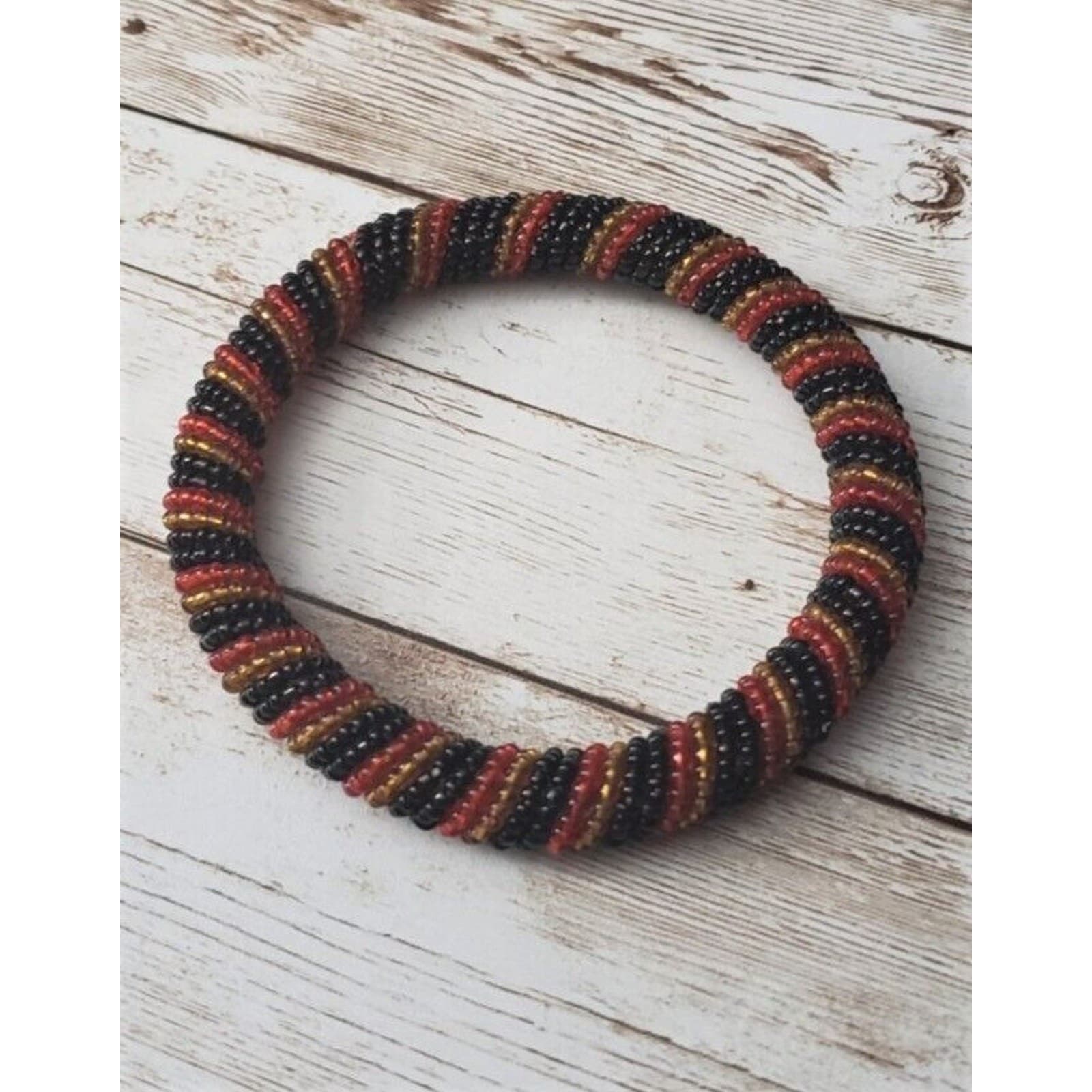 Vintage Bracelet / Bangle - Beaded Red, Dark Amber Tone, Black