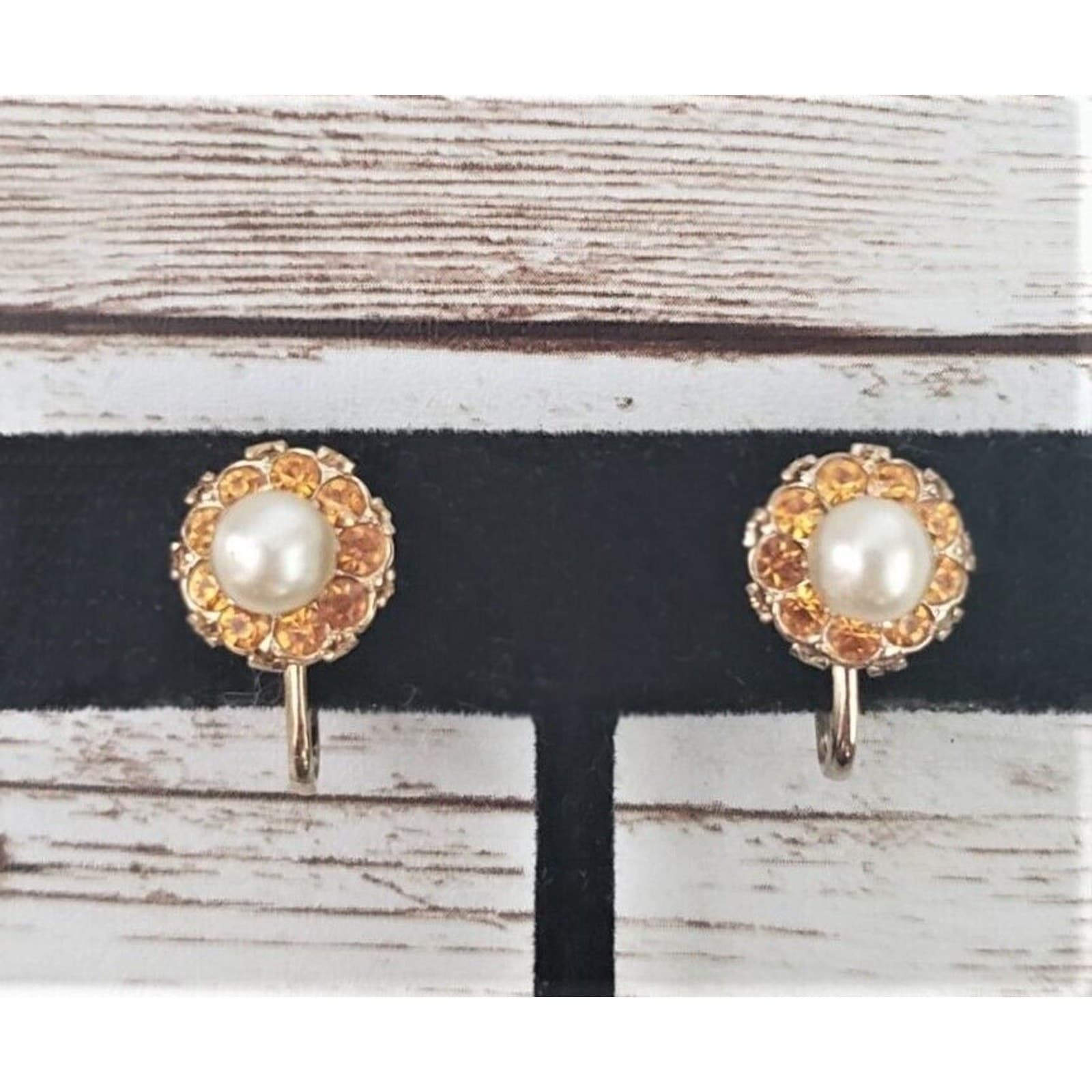 Vintage Coro Screw On Earrings - Faux Pearl with Orange Gem Halo